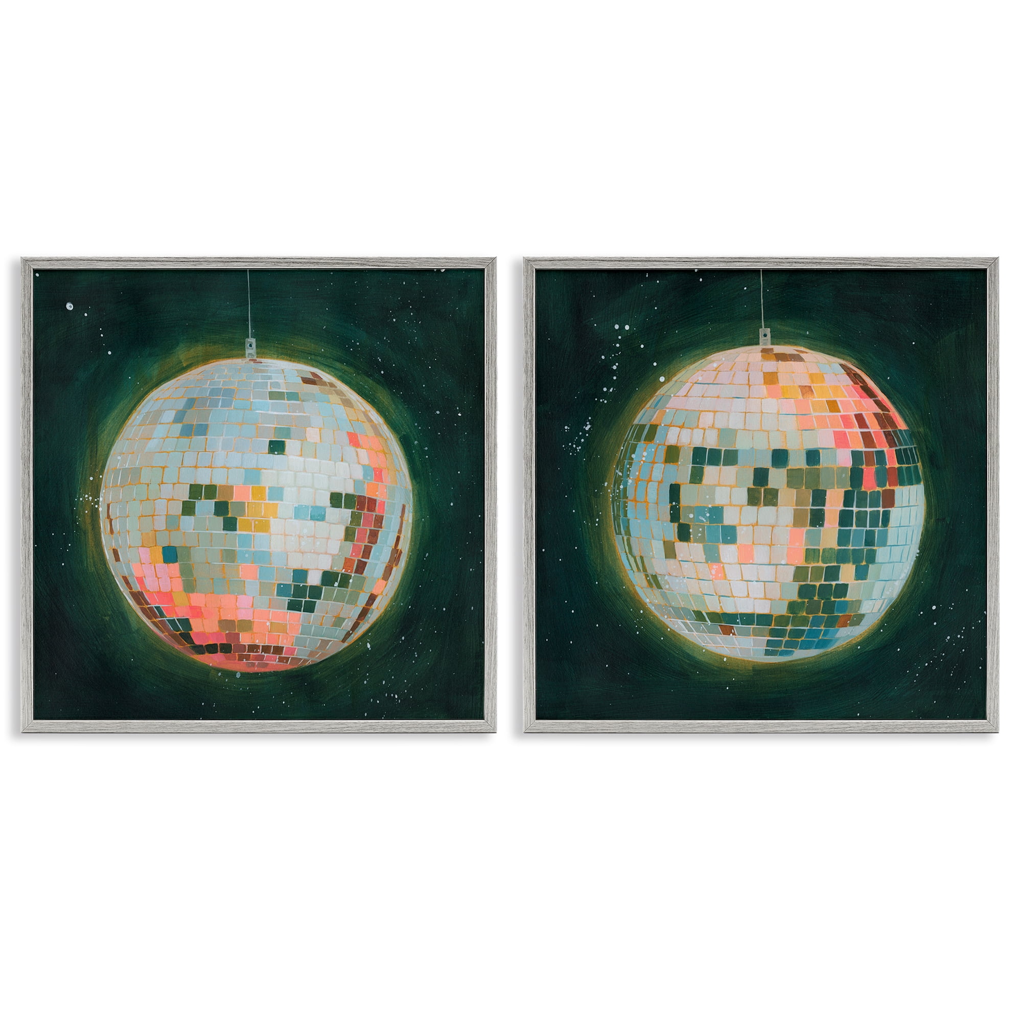 Stupell Industries Disco Balls with Vivid Hues Entertainment Painting Gray Framed Art Print Wall Art, 12 x 12, Set of 2