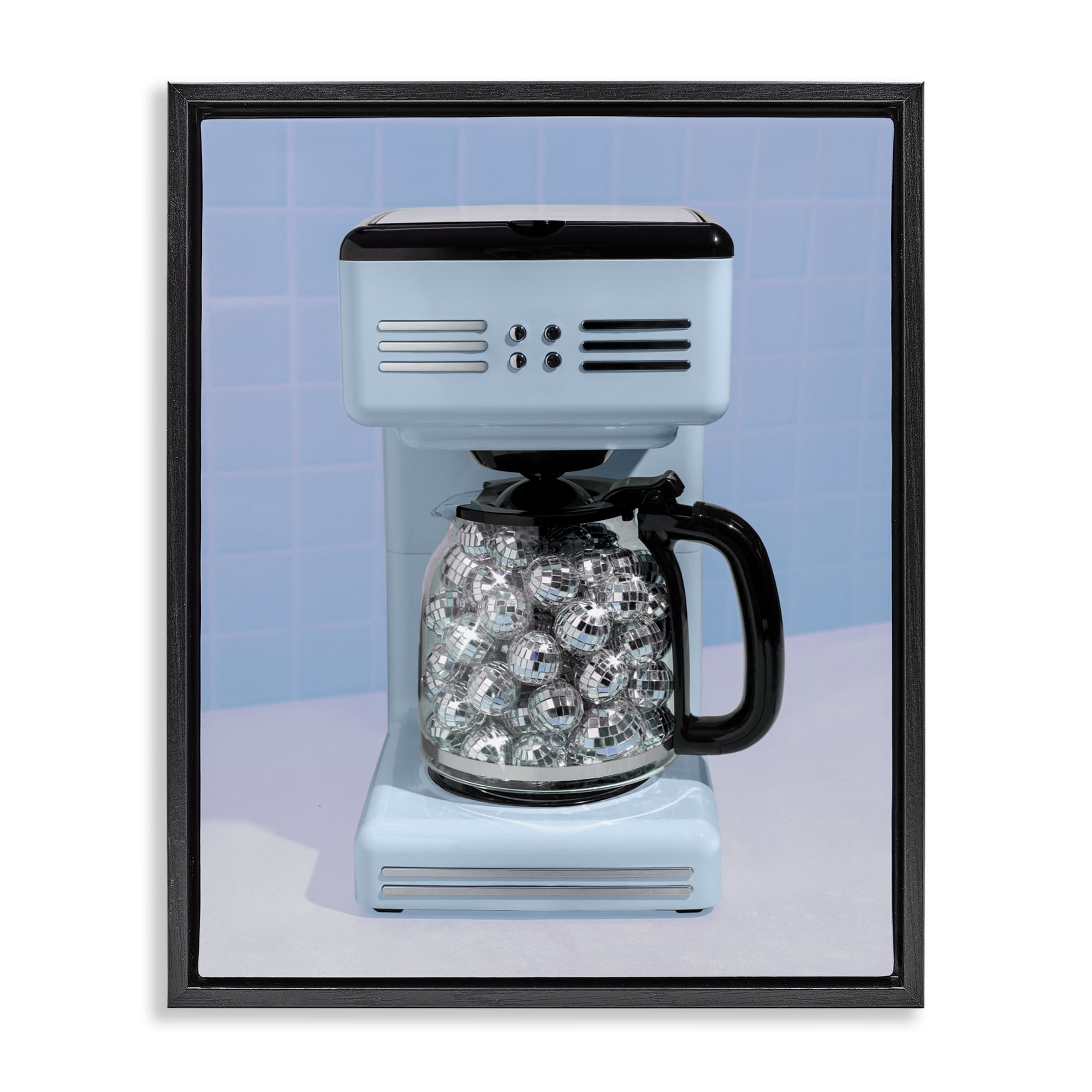 Stupell Industries Disco Coffee Maker over Blue Black Framed Floater Canvas Wall Art, design by LISH Creative