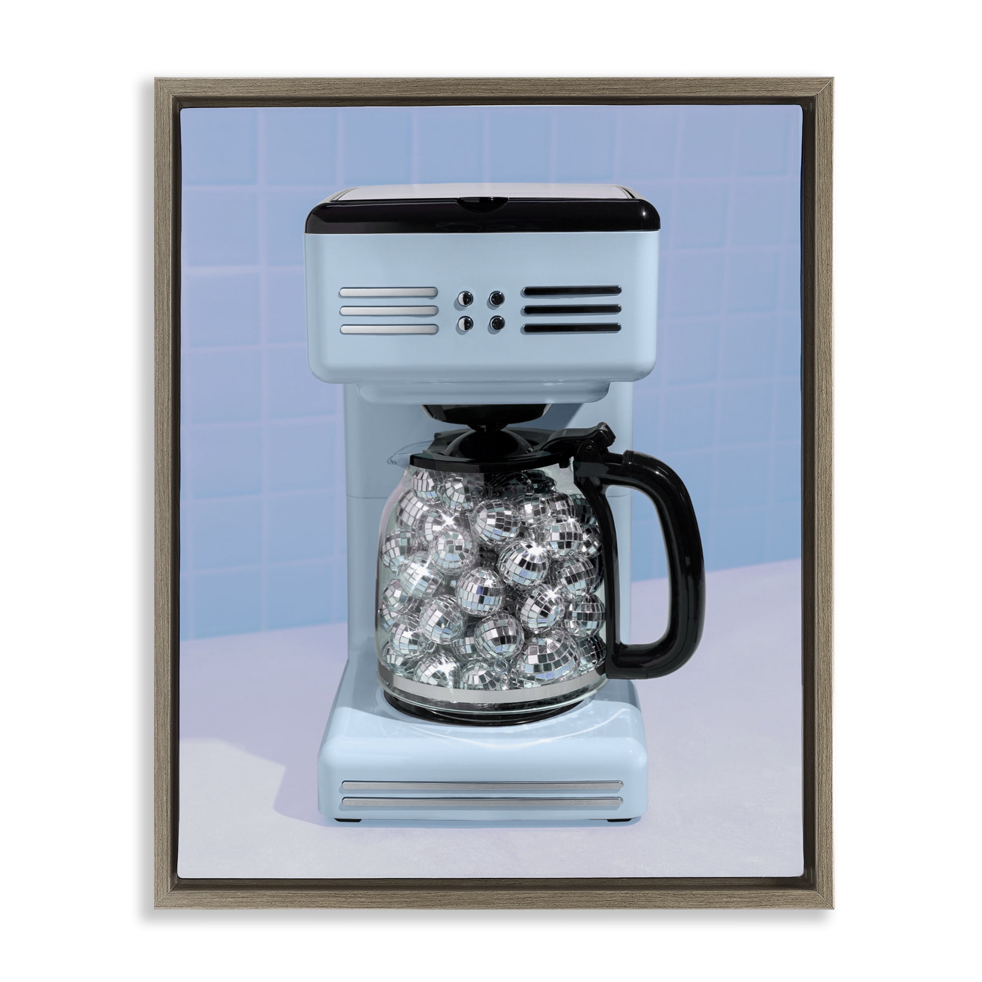 Stupell Industries Disco Coffee Maker over Blue Brown Framed Floater Canvas Wall Art, design by LISH Creative
