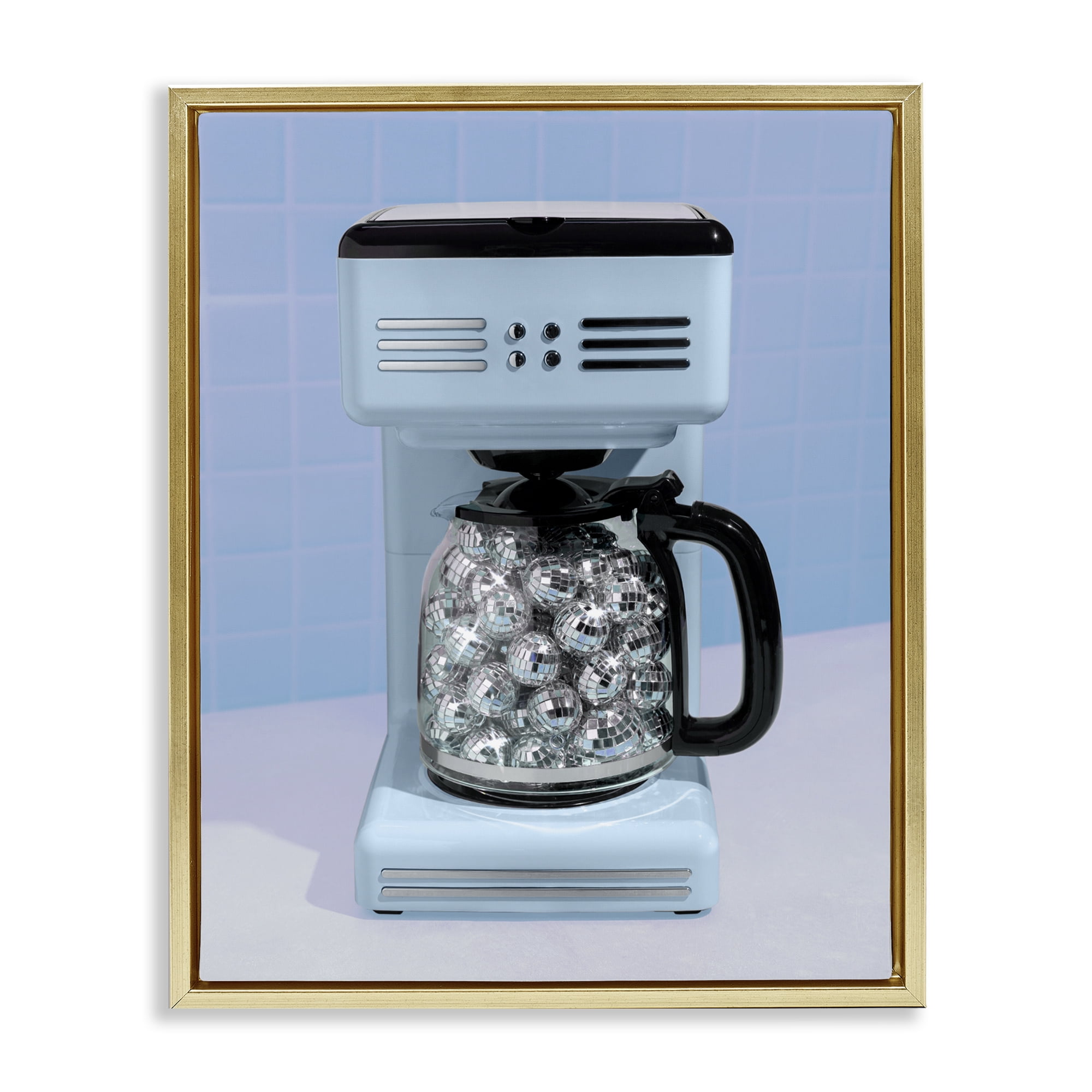 Stupell Industries Disco Coffee Maker over Blue Gold Framed Floater Canvas Wall Art, design by LISH Creative