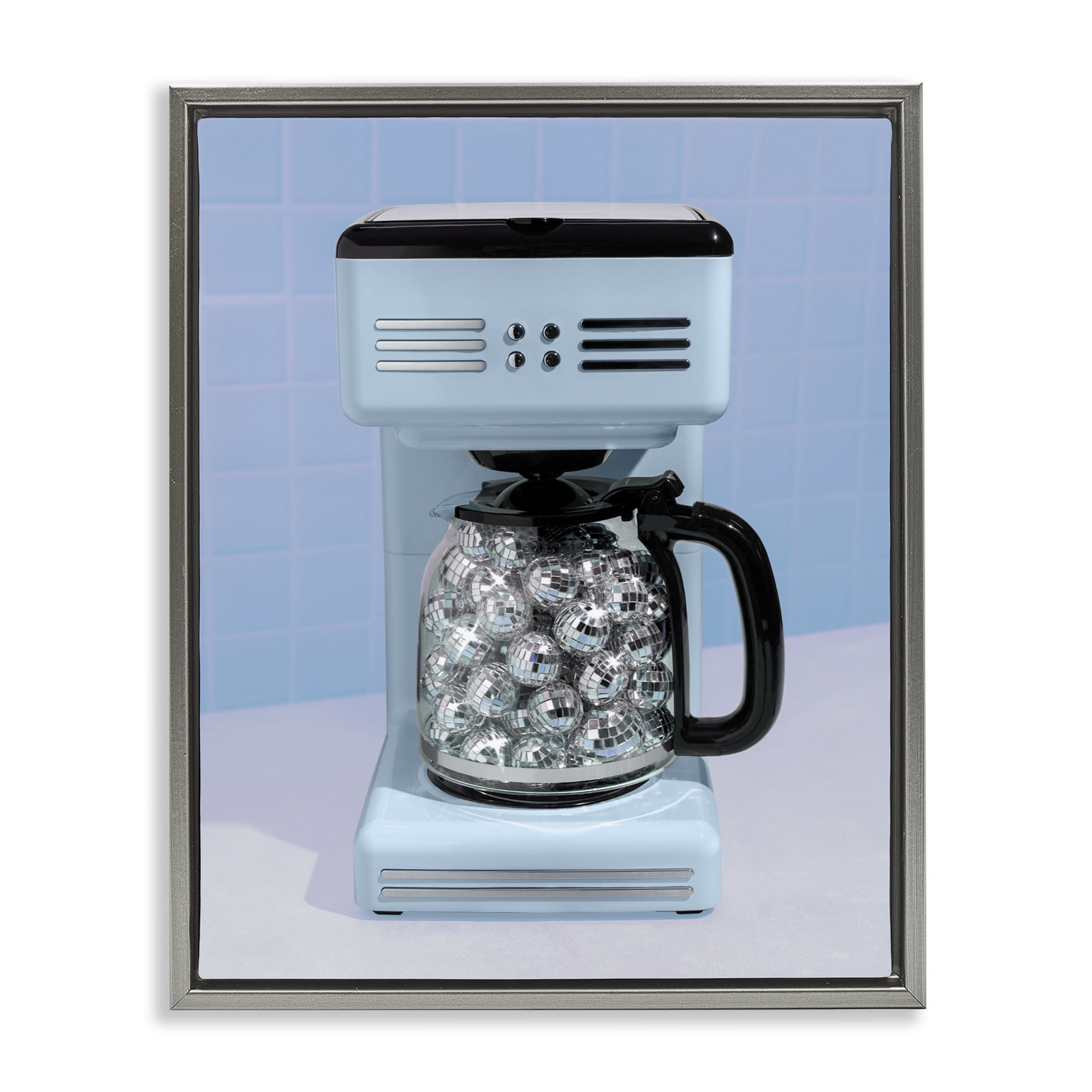Stupell Industries Disco Coffee Maker over Blue Gray Framed Floater Canvas Wall Art, design by LISH Creative