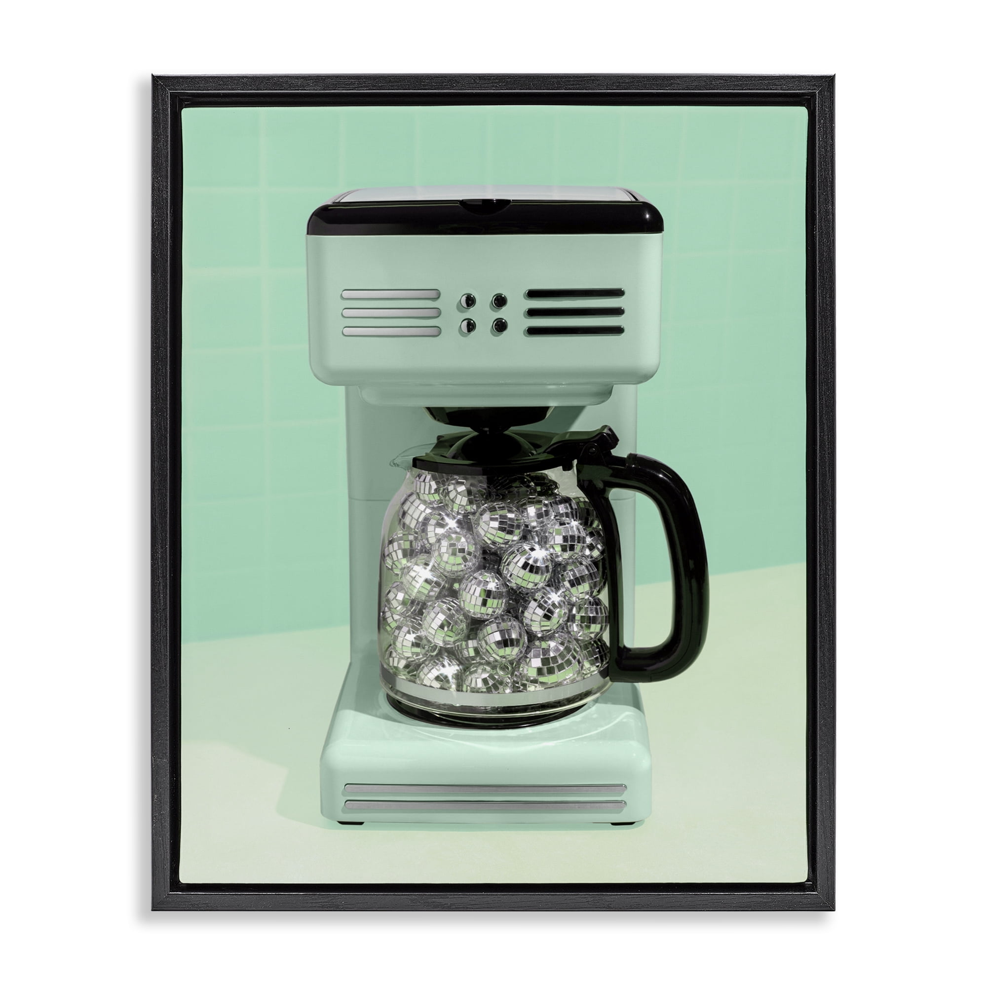 Stupell Industries Disco Coffee Maker over Green Black Framed Floater Canvas Wall Art, design by LISH Creative