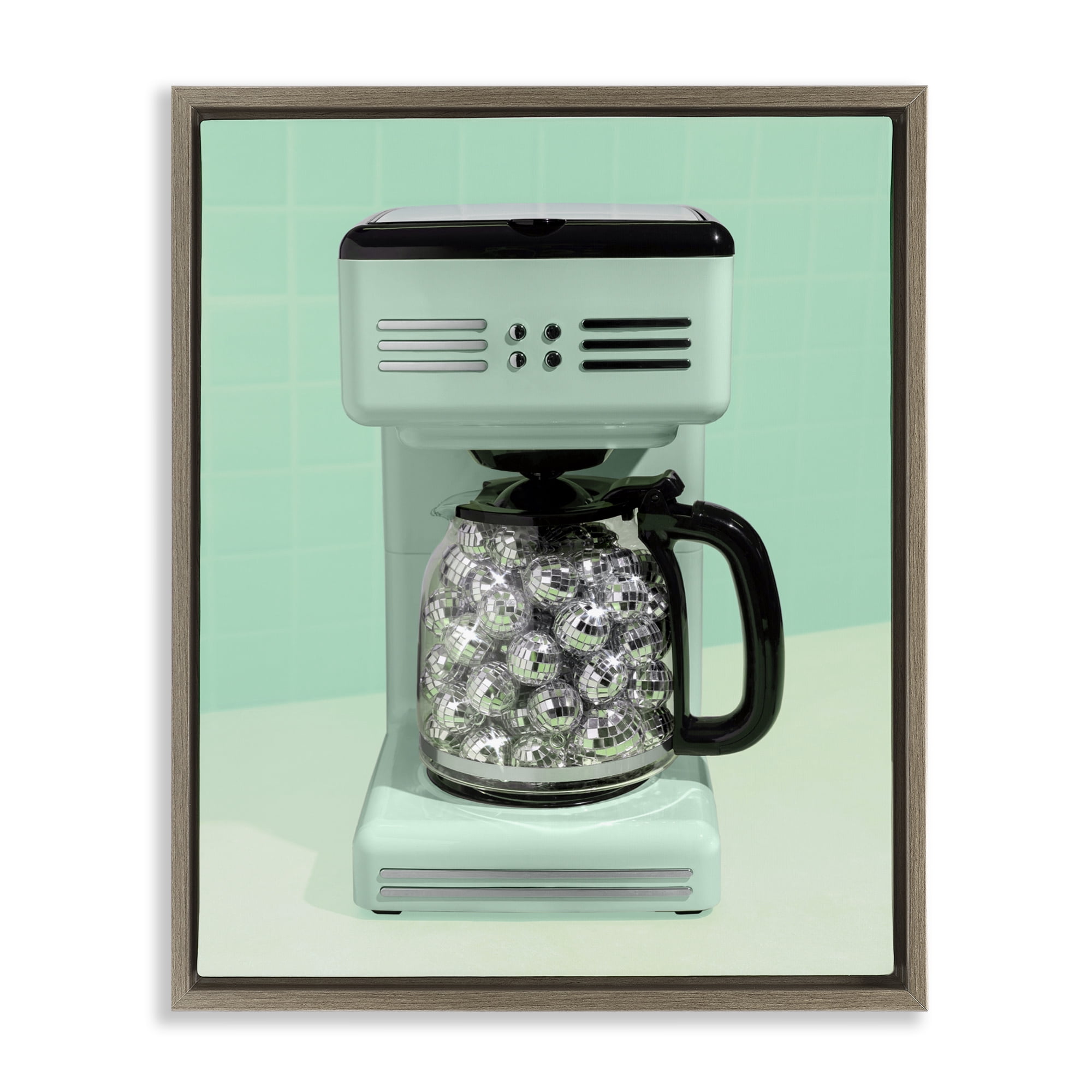 Stupell Industries Disco Coffee Maker over Green Brown Framed Floater Canvas Wall Art, design by LISH Creative