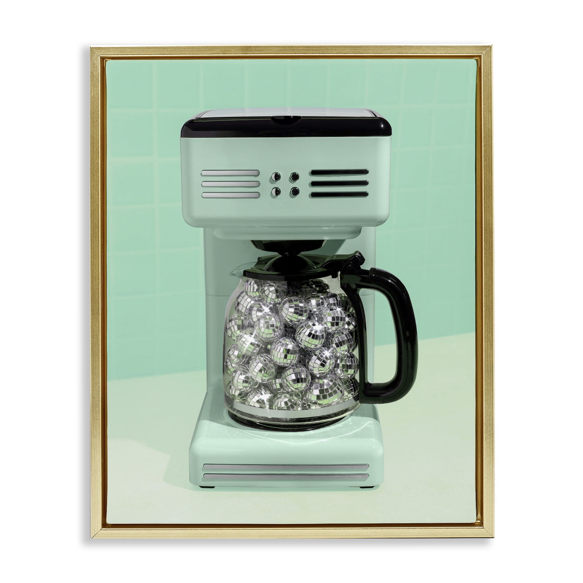 Stupell Industries Disco Coffee Maker over Green Gold Framed Floater Canvas Wall Art, design by LISH Creative