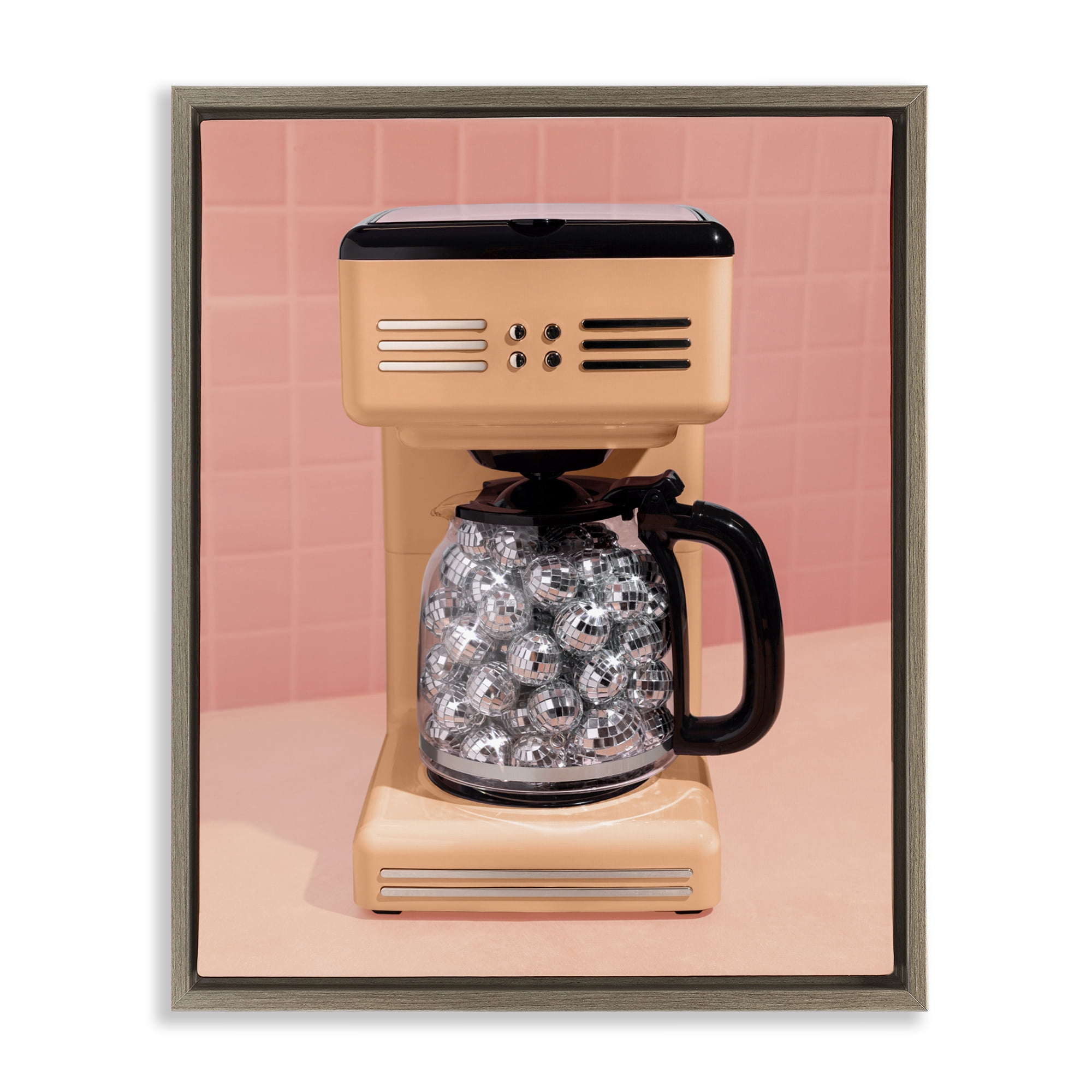 Stupell Industries Disco Coffee Maker over Orange Brown Framed Floater Canvas Wall Art, design by LISH Creative