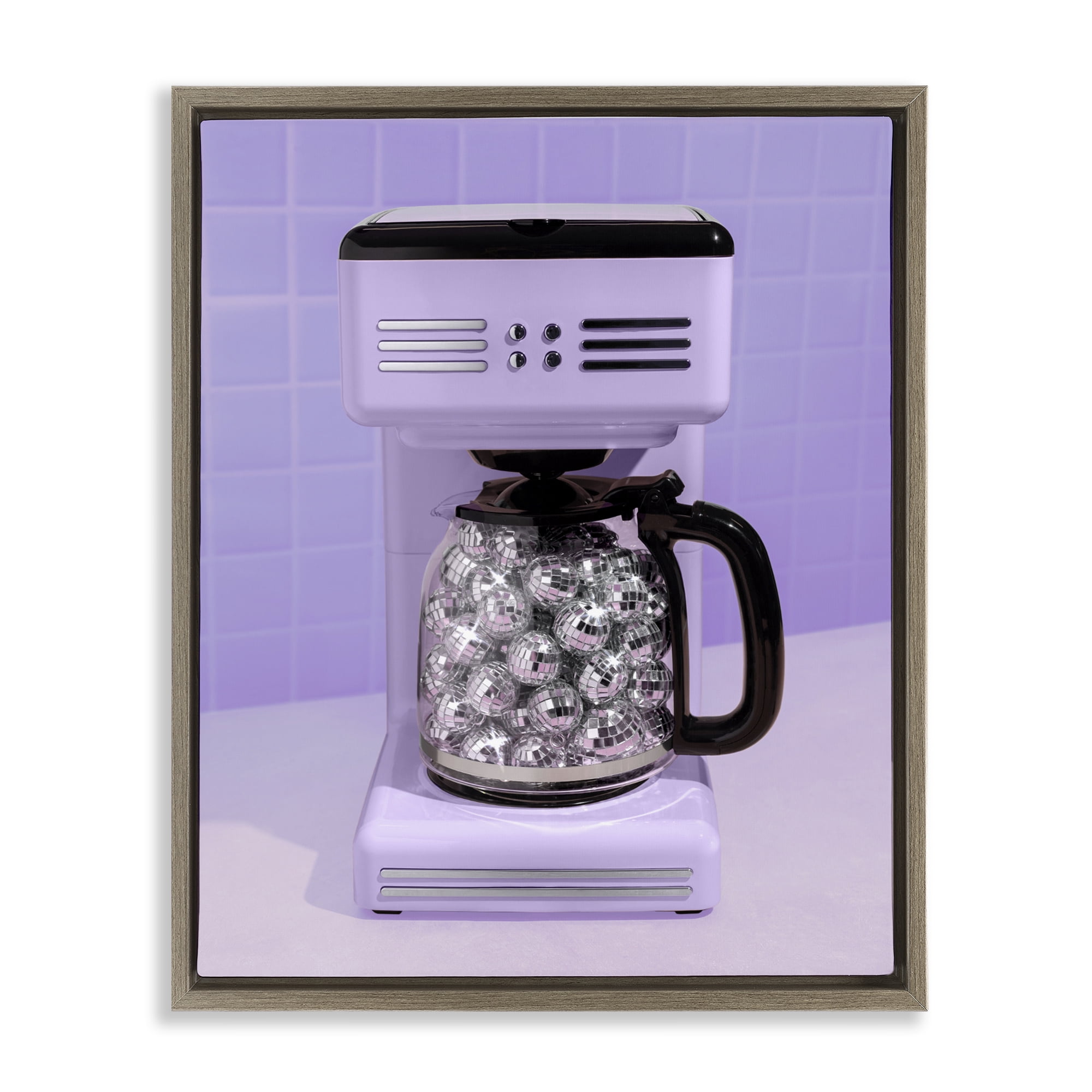 Stupell Industries Disco Coffee Maker over Purple Brown Framed Floater Canvas Wall Art, design by LISH Creative