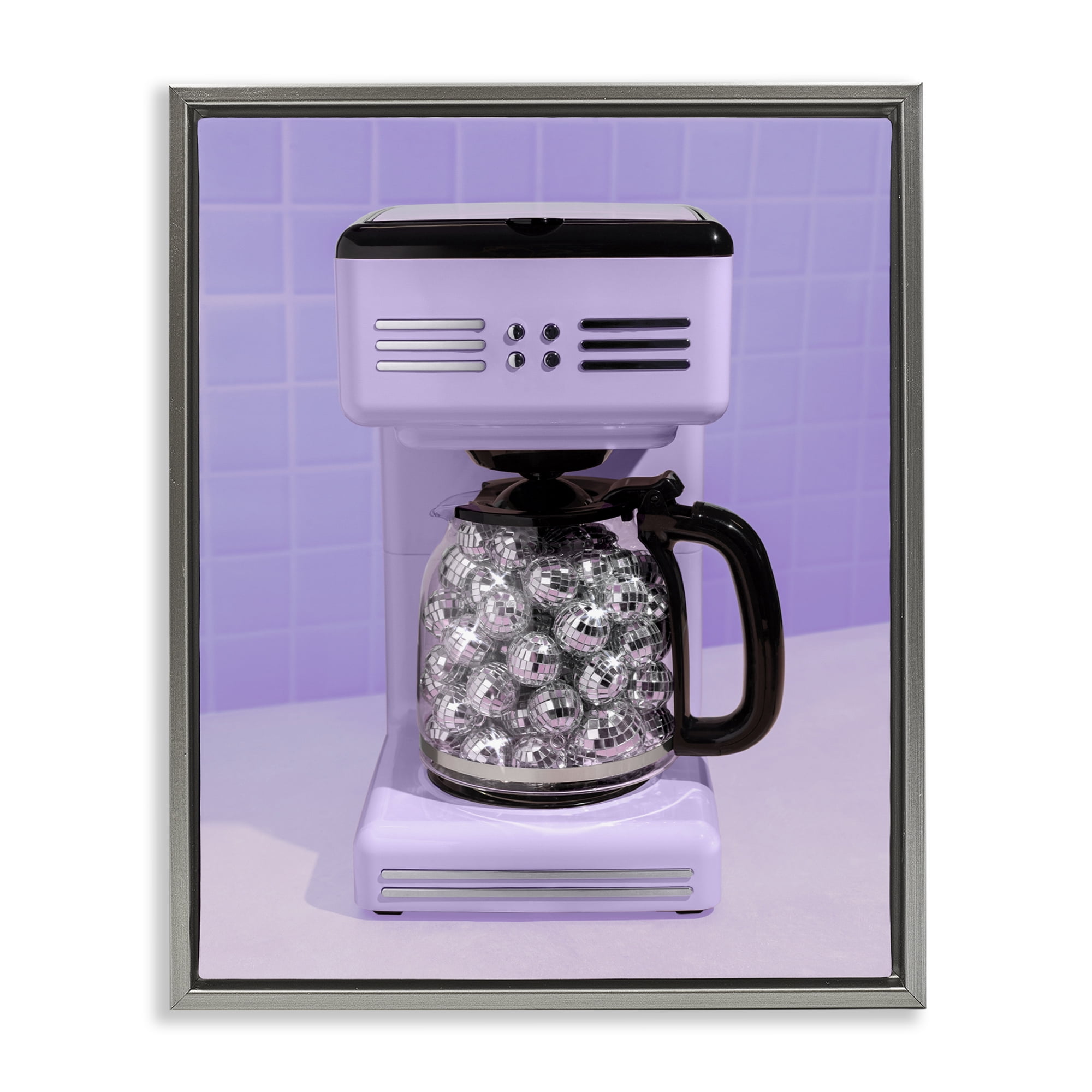 Stupell Industries Disco Coffee Maker over Purple Gray Framed Floater Canvas Wall Art, design by LISH Creative