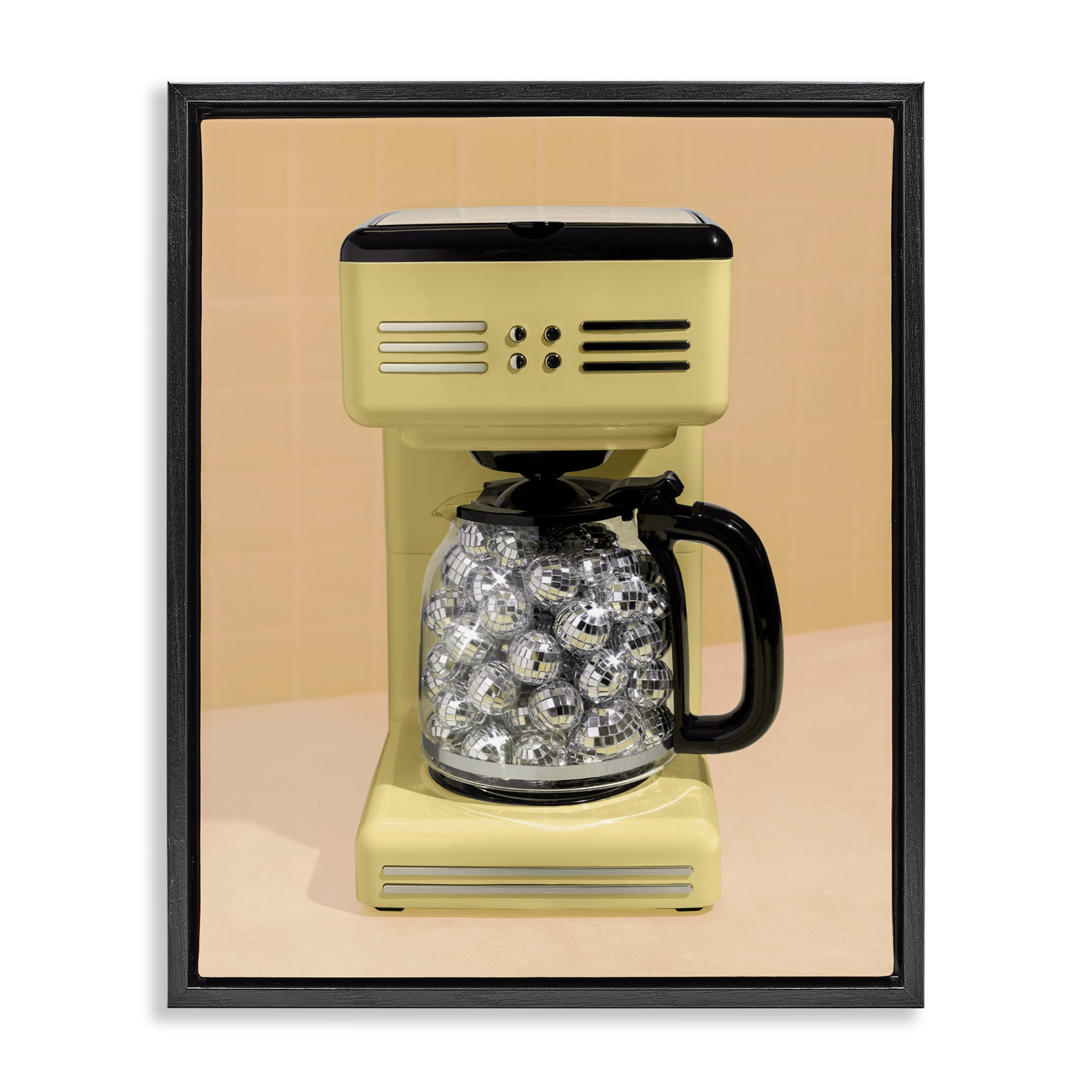 Stupell Industries Disco Coffee Maker over Yellow Black Framed Floater Canvas Wall Art, design by LISH Creative