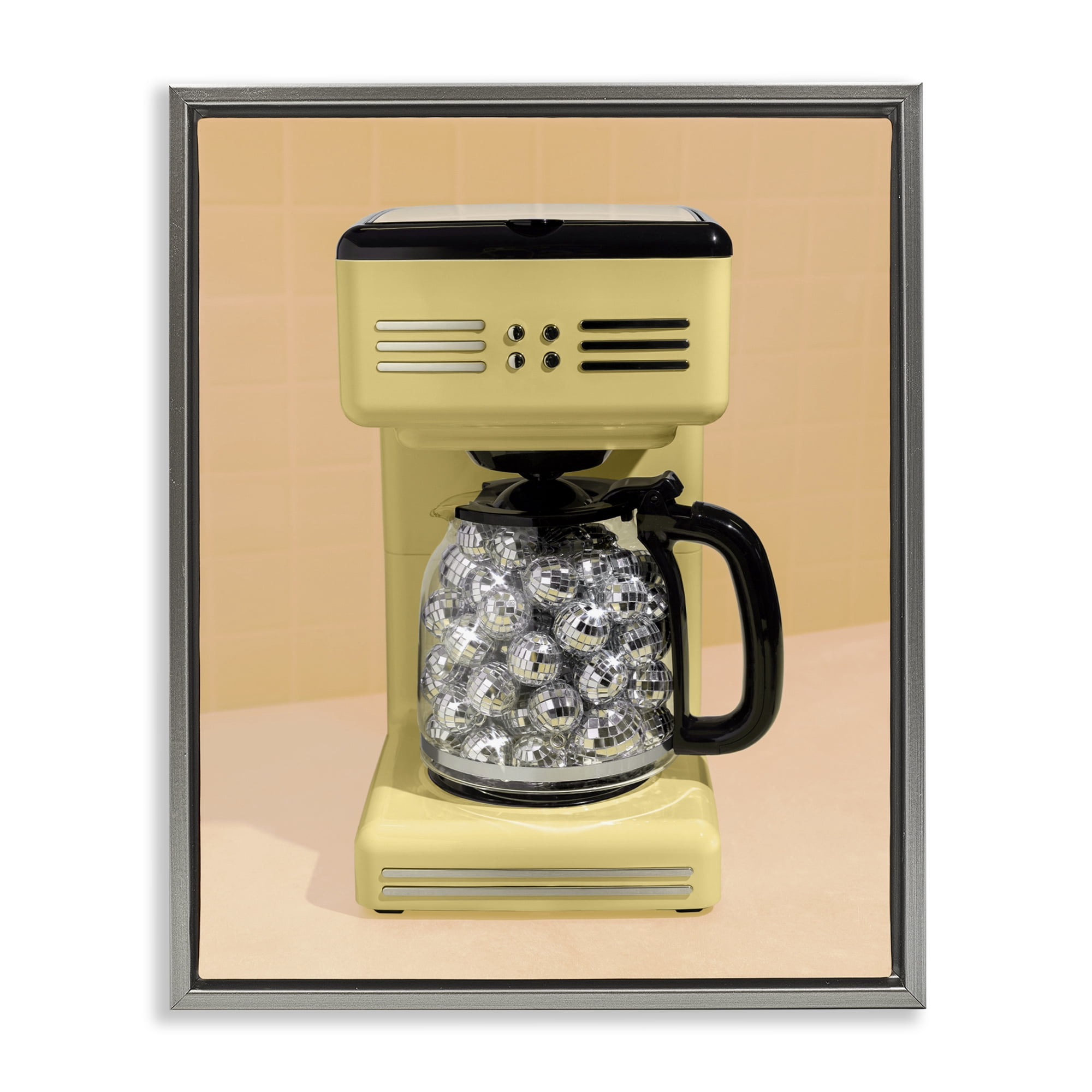 Stupell Industries Disco Coffee Maker over Yellow Gray Framed Floater Canvas Wall Art, design by LISH Creative
