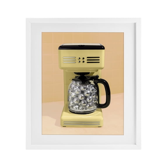Stupell Industries Eclectic Disco Coffee Maker over Yellow White Framed Print Under Glass, 13 x 16, by LISH Creative