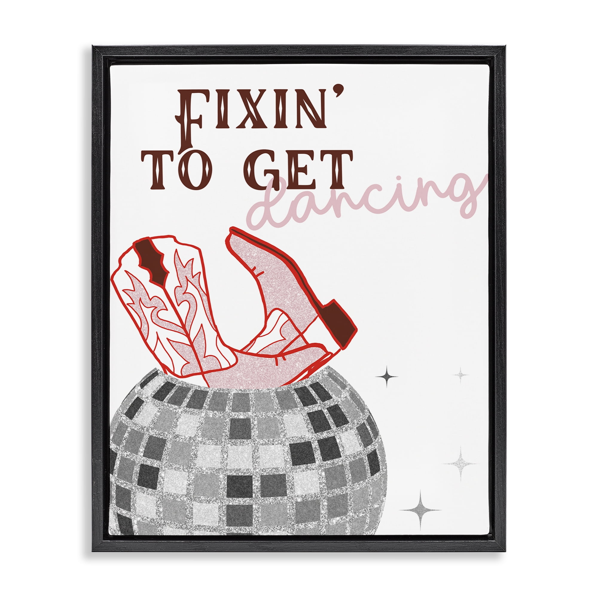 Stupell Industries Disco Cowgirl Dance Phrase Text & Numbers Painting Black Floater Framed Canvas Art Print Wall Art, 25 x 31