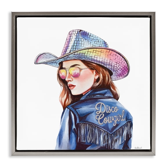 Stupell Industries Disco Cowgirl in Blue People Painting Gray Floater Framed Canvas Art Print Wall Art, 25 x 25