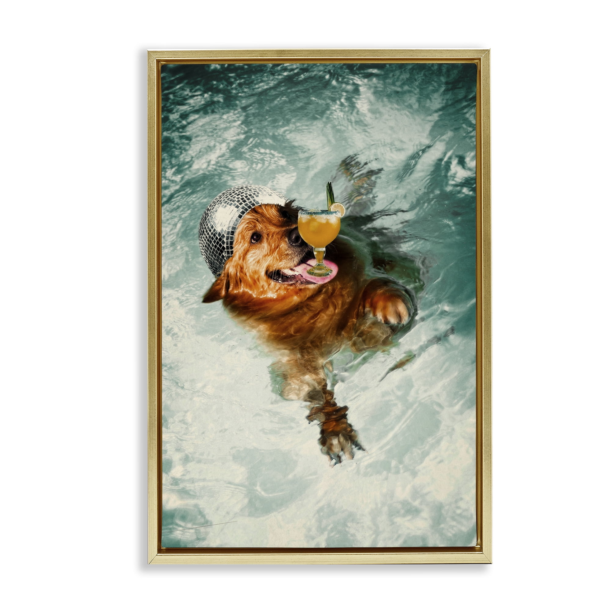 Stupell Industries Disco Dog in Pool Novelty & Humor Painting Gold Floater Framed Canvas Art Print Wall Art, 17 x 25