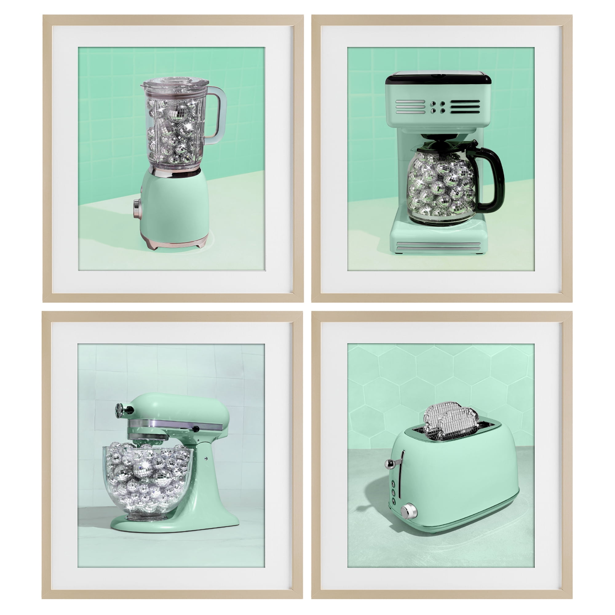 Stupell Industries Disco Drink Blender over Green 4 Piece Birch Framed Print Under Glass Set, design by LISH Creative
