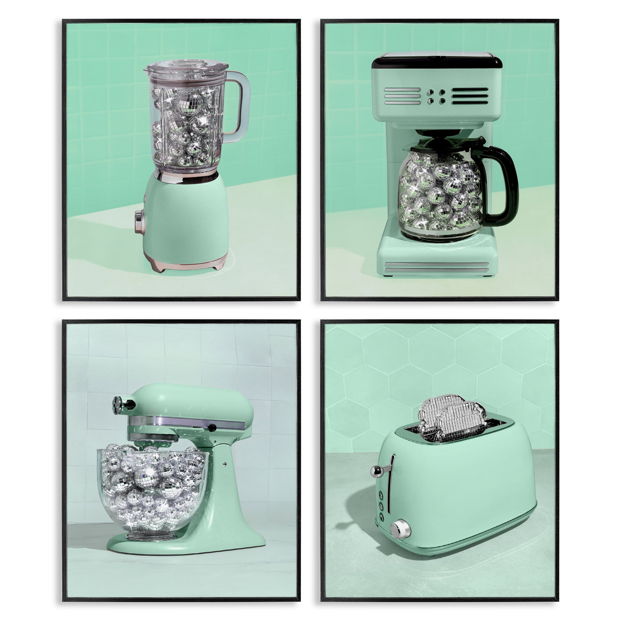 Stupell Industries Disco Drink Blender over Green 4 Piece Black Framed Giclee Art Set, design by LISH Creative