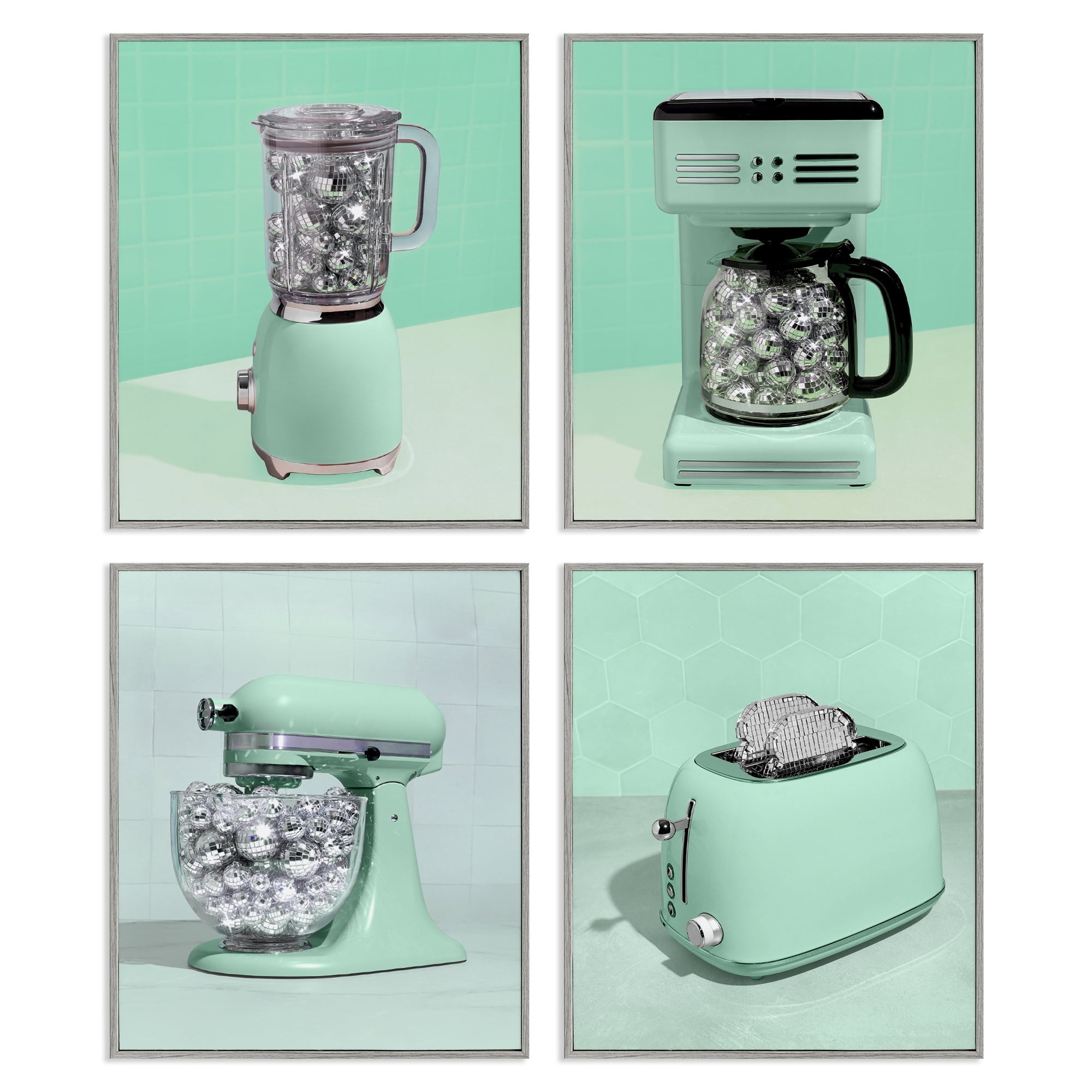 Stupell Industries Disco Drink Blender over Green 4 Piece Gray Framed Giclee Art Set, design by LISH Creative