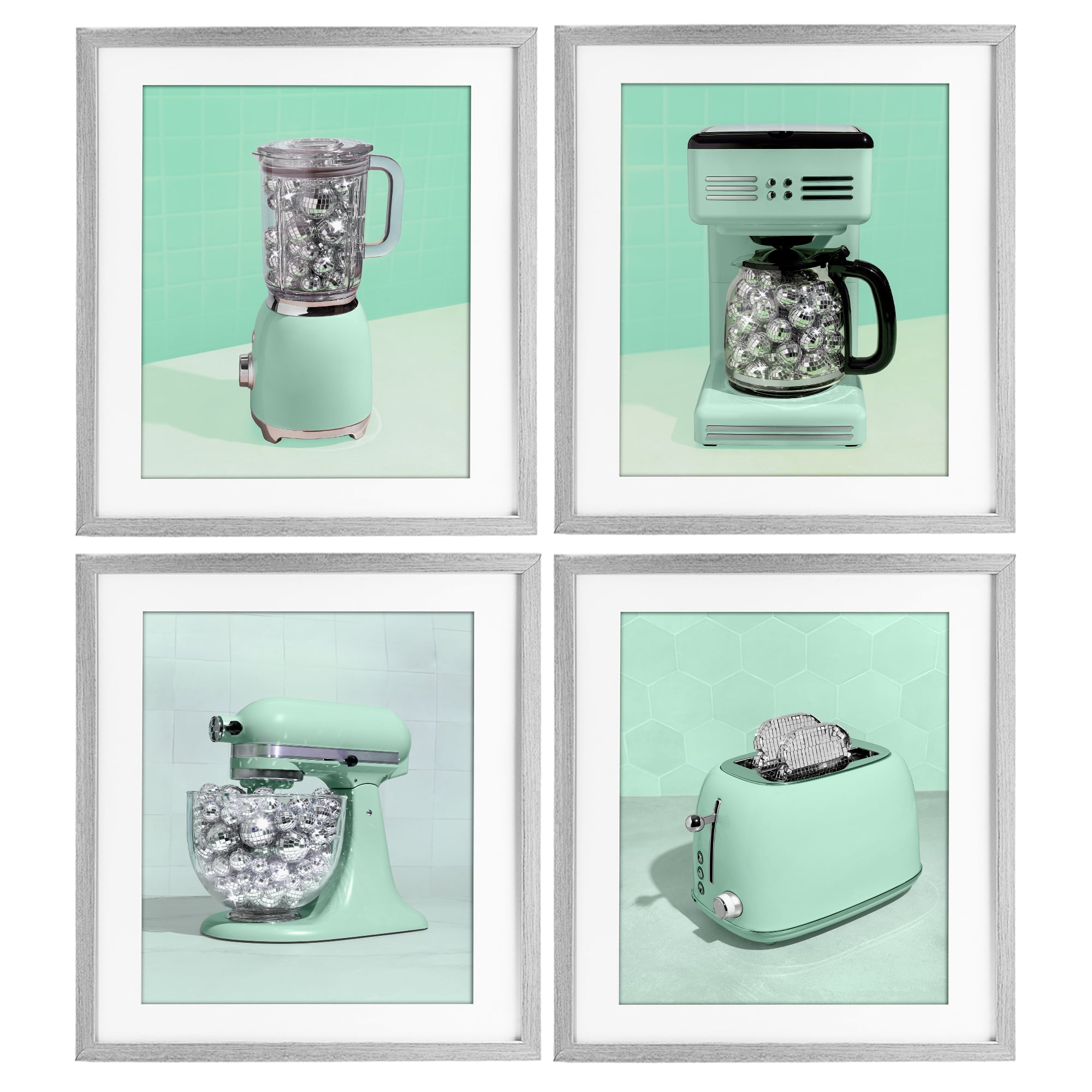 Stupell Industries Disco Drink Blender over Green 4 Piece Gray Framed Print Under Glass Set, design by LISH Creative