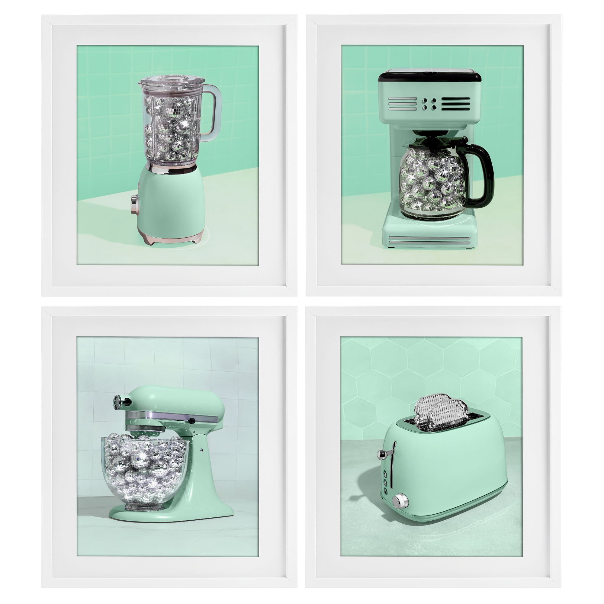 Stupell Industries Disco Drink Blender over Green 4 Piece White Framed Print Under Glass Set, design by LISH Creative