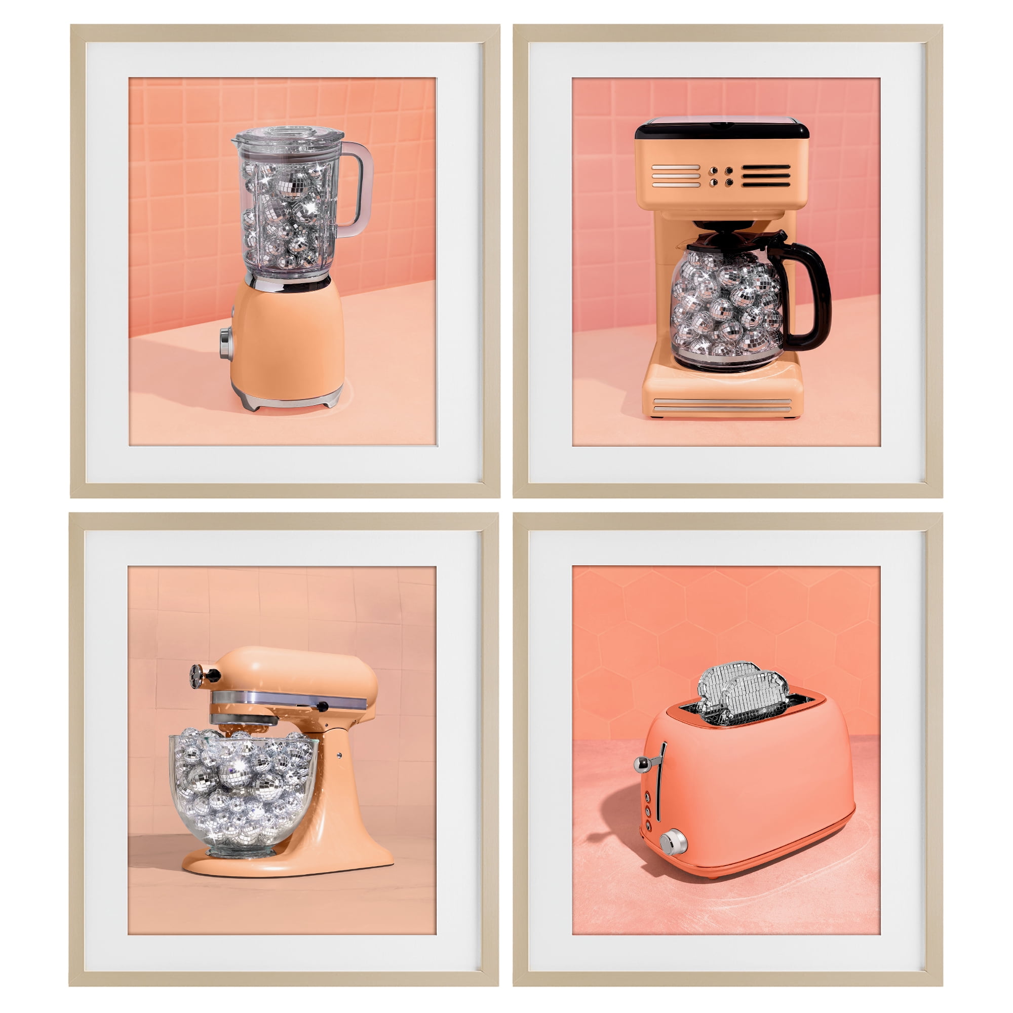 Stupell Industries Disco Drink Blender over Orange 4 Piece Birch Framed Print Under Glass Set, design by LISH Creative