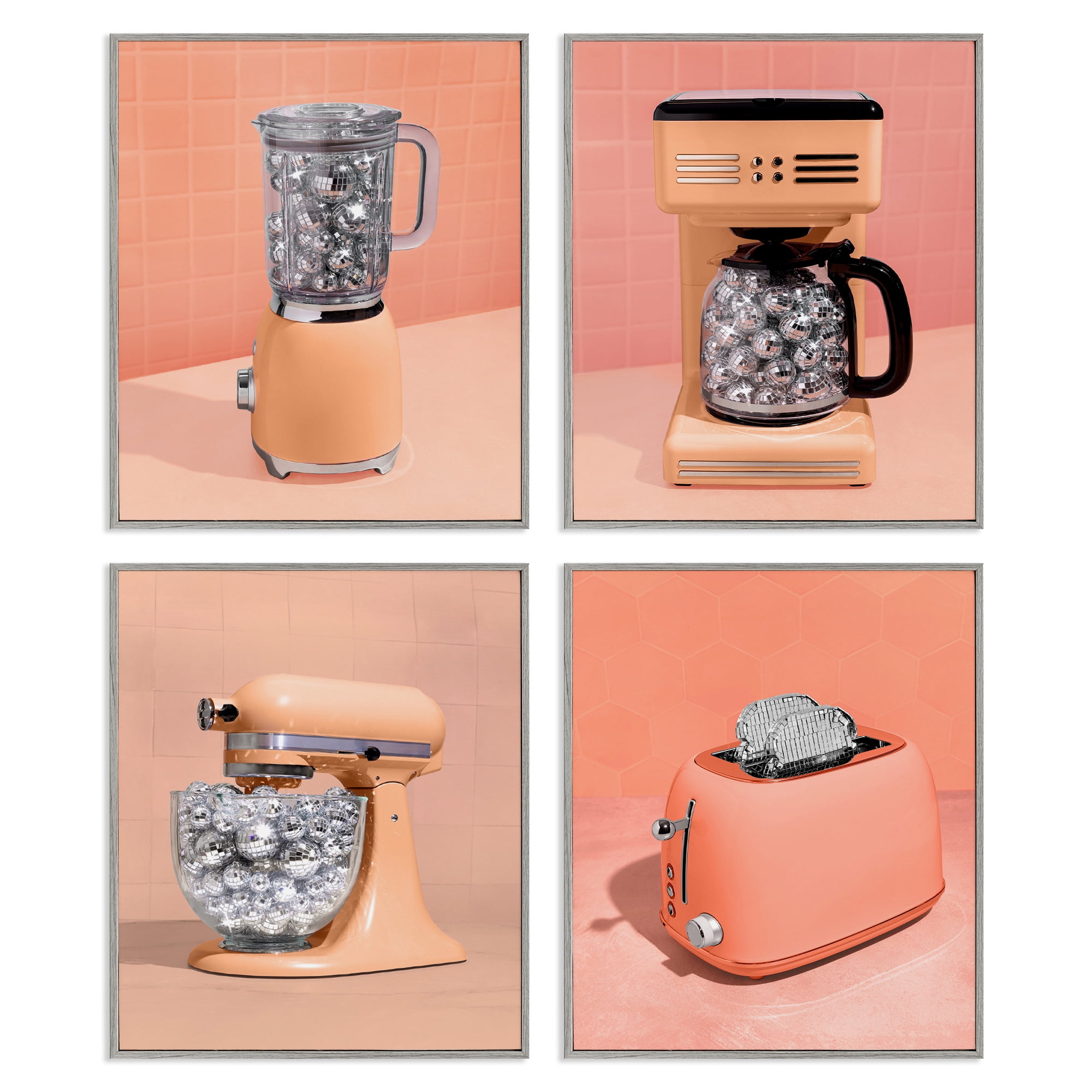 Stupell Industries Disco Drink Blender over Orange 4 Piece Gray Framed Giclee Art Set, design by LISH Creative