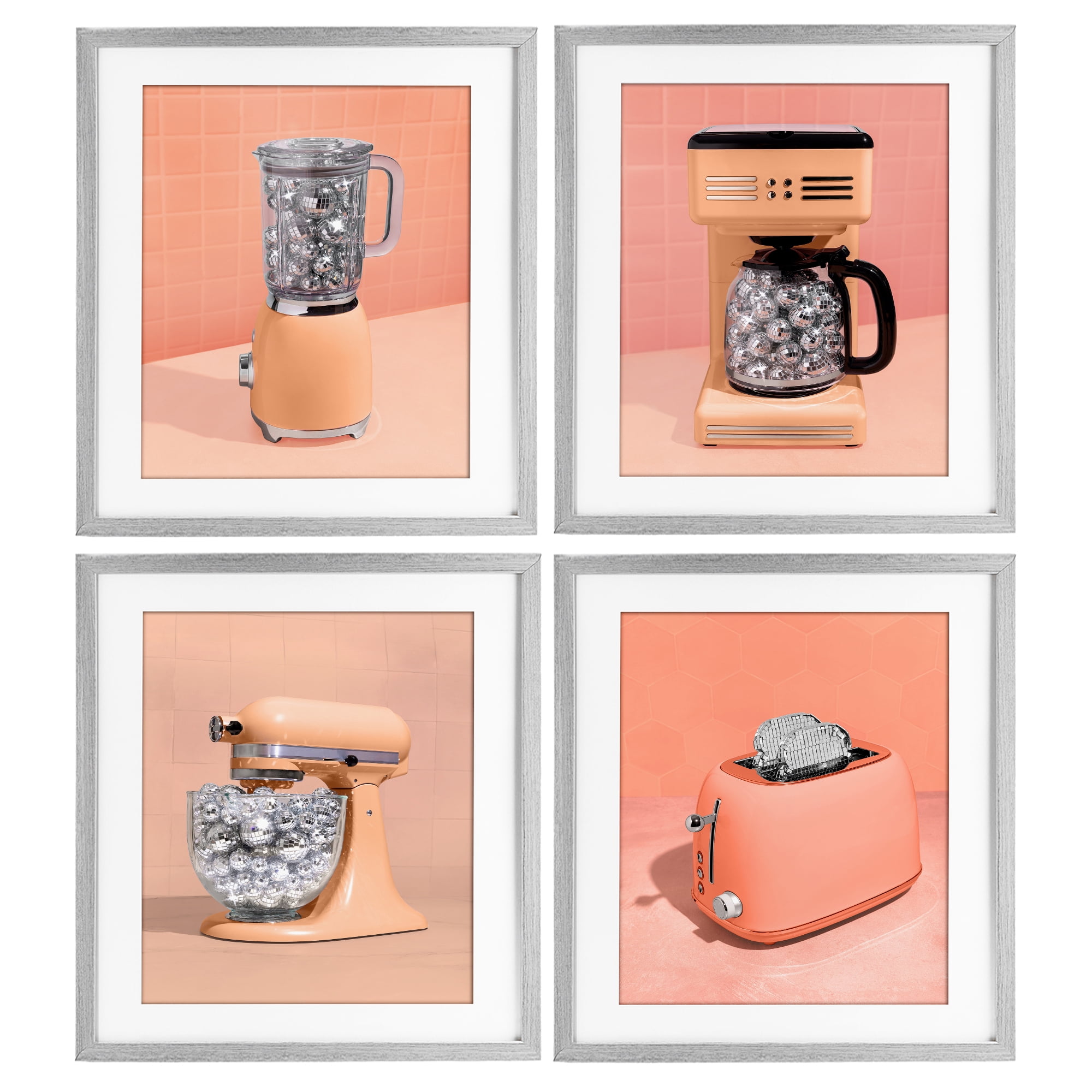 Stupell Industries Disco Drink Blender over Orange 4 Piece Gray Framed Print Under Glass Set, design by LISH Creative