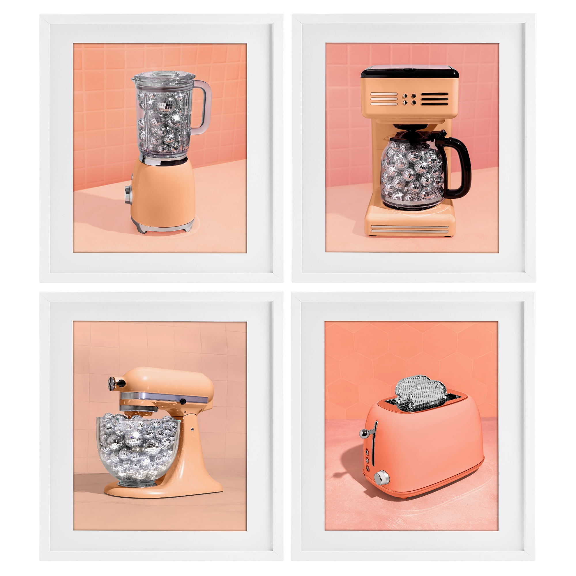 Stupell Industries Disco Drink Blender over Orange 4 Piece White Framed Print Under Glass Set, design by LISH Creative