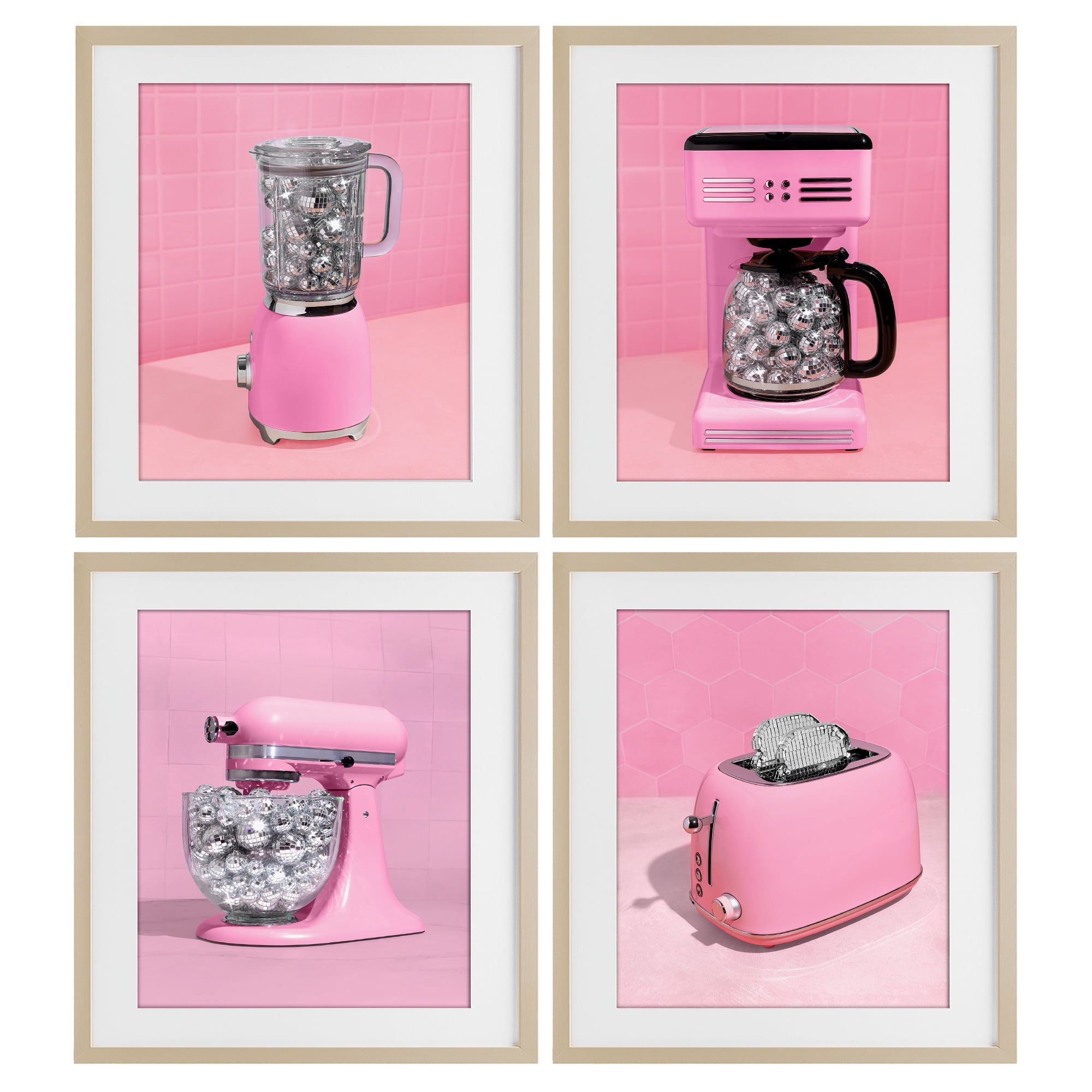 Stupell Industries Disco Drink Blender over Pink 4 Piece Birch Framed Print Under Glass Set, design by LISH Creative