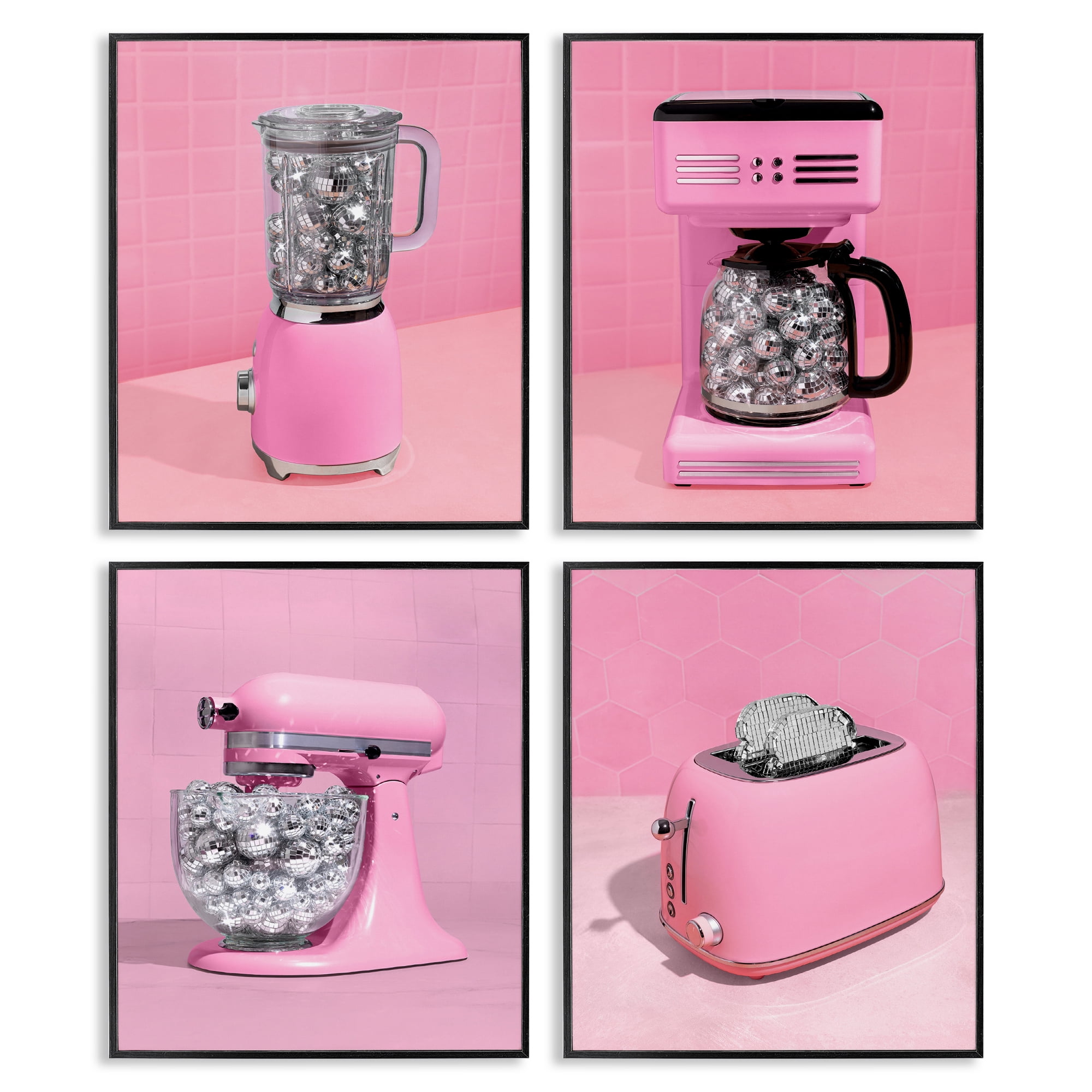 Stupell Industries Disco Drink Blender over Pink 4 Piece Black Framed Giclee Art Set, design by LISH Creative