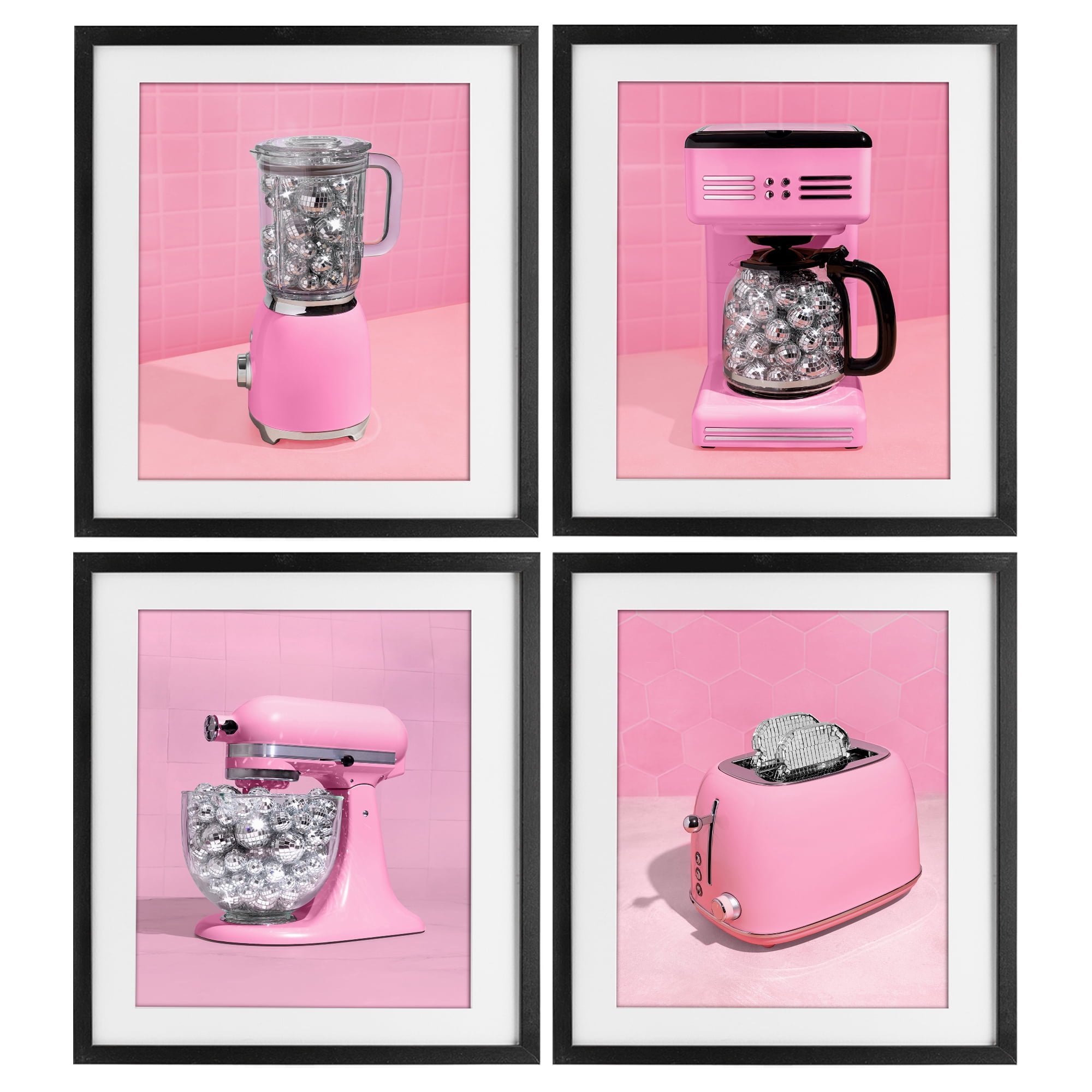 Stupell Industries Disco Drink Blender over Pink 4 Piece Black Framed Print Under Glass Set, design by LISH Creative