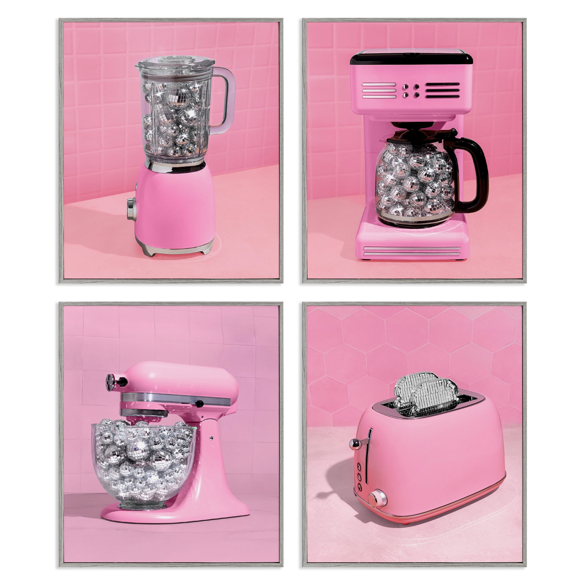 Stupell Industries Disco Drink Blender over Pink 4 Piece Gray Framed Giclee Art Set, design by LISH Creative