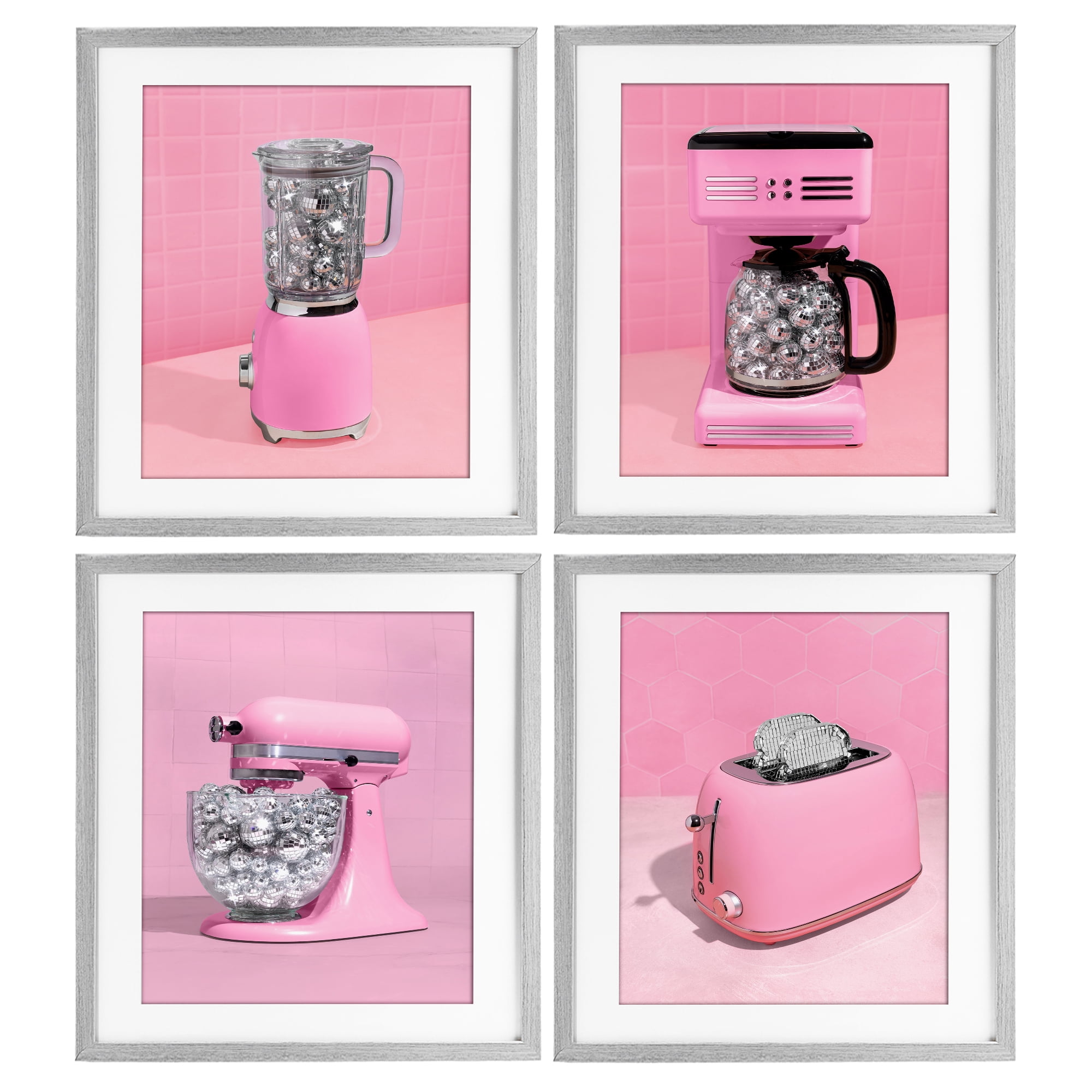 Stupell Industries Disco Drink Blender over Pink 4 Piece Gray Framed Print Under Glass Set, design by LISH Creative