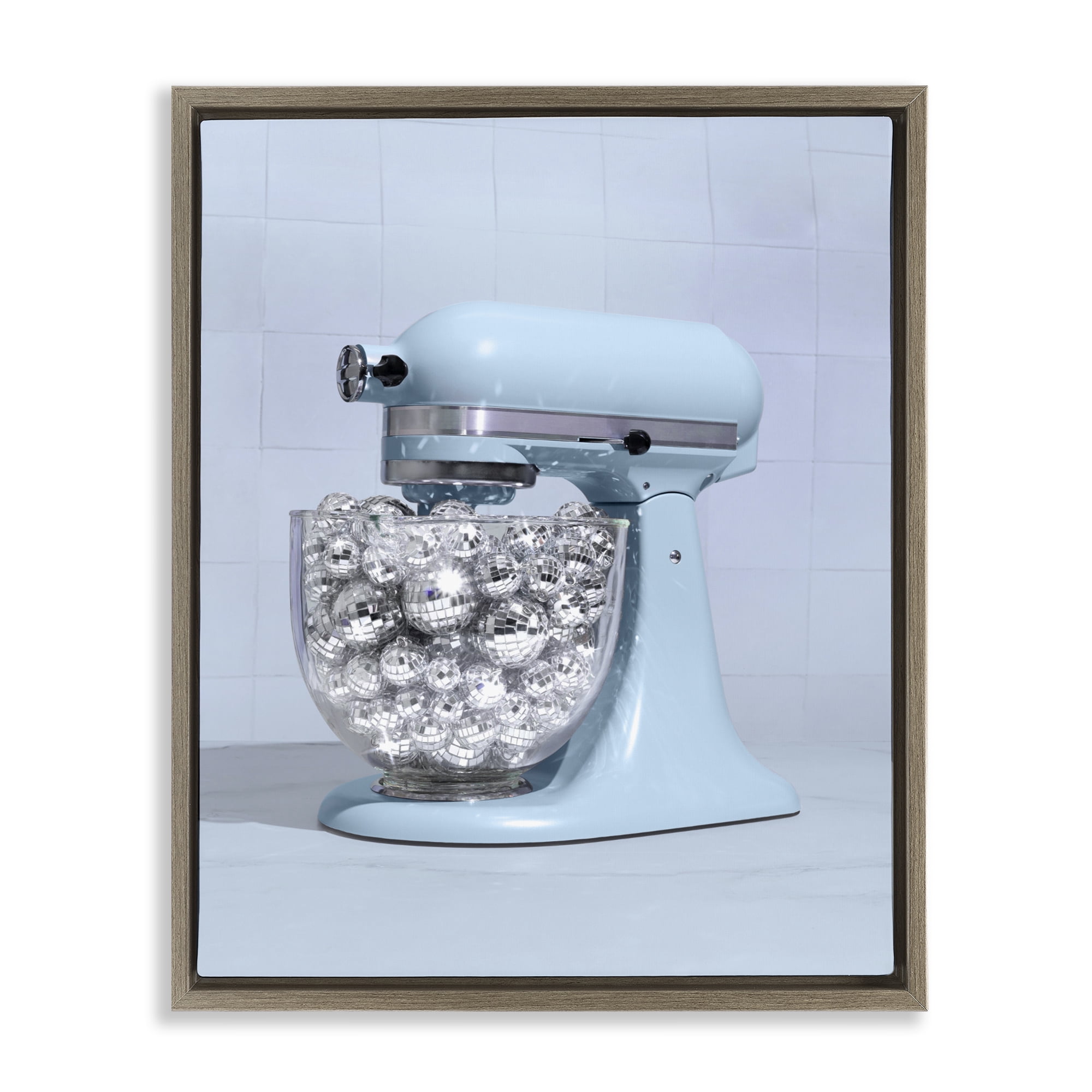 Stupell Industries Disco Kitchen Mixer over Blue Brown Framed Floater Canvas Wall Art, design by LISH Creative