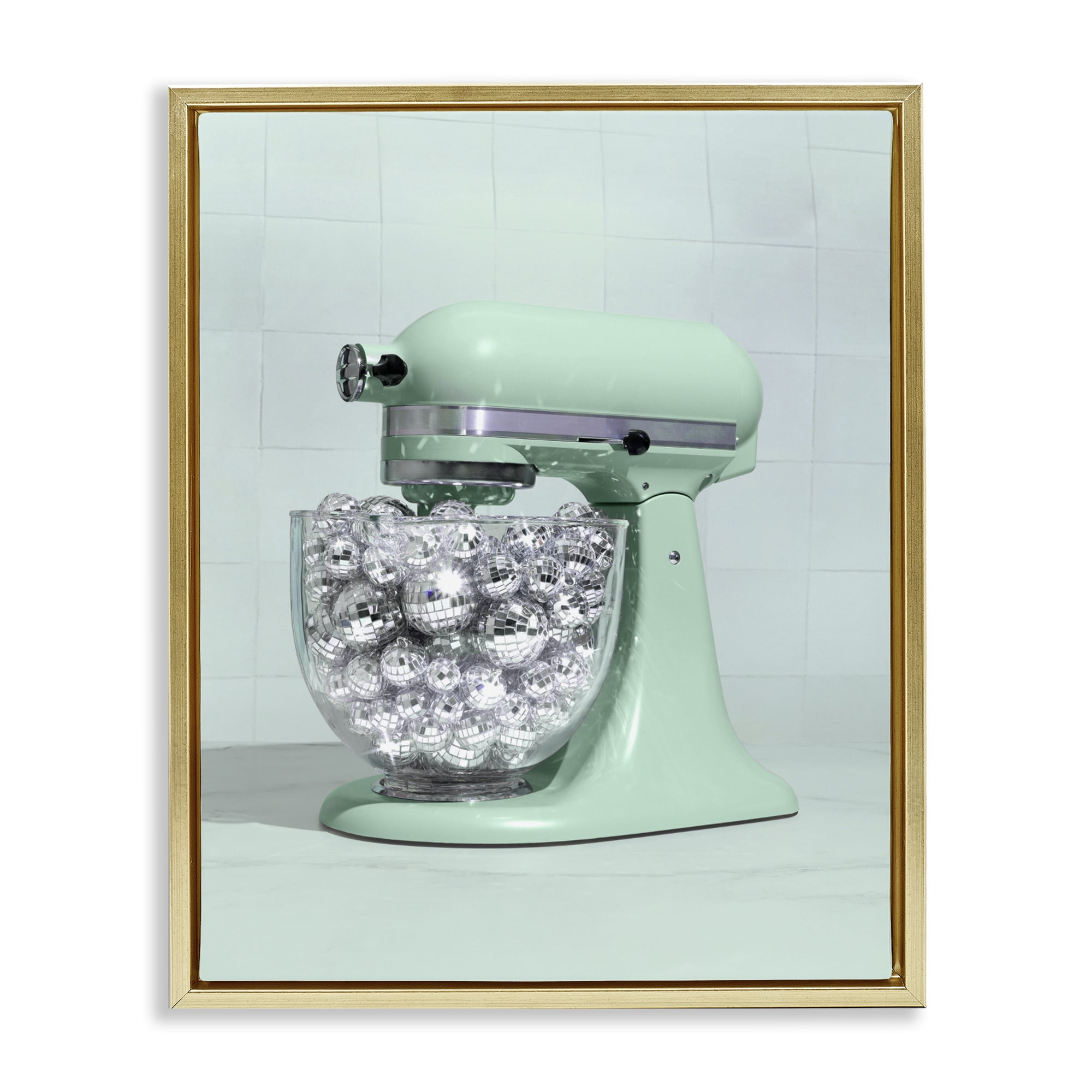 Stupell Industries Disco Kitchen Mixer over Green Gold Framed Floater Canvas Wall Art, design by LISH Creative