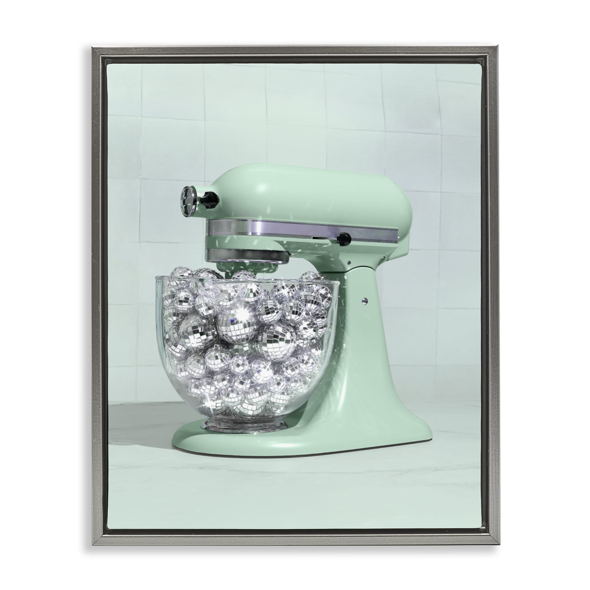 Stupell Industries Disco Kitchen Mixer over Green Gray Framed Floater Canvas Wall Art, design by LISH Creative
