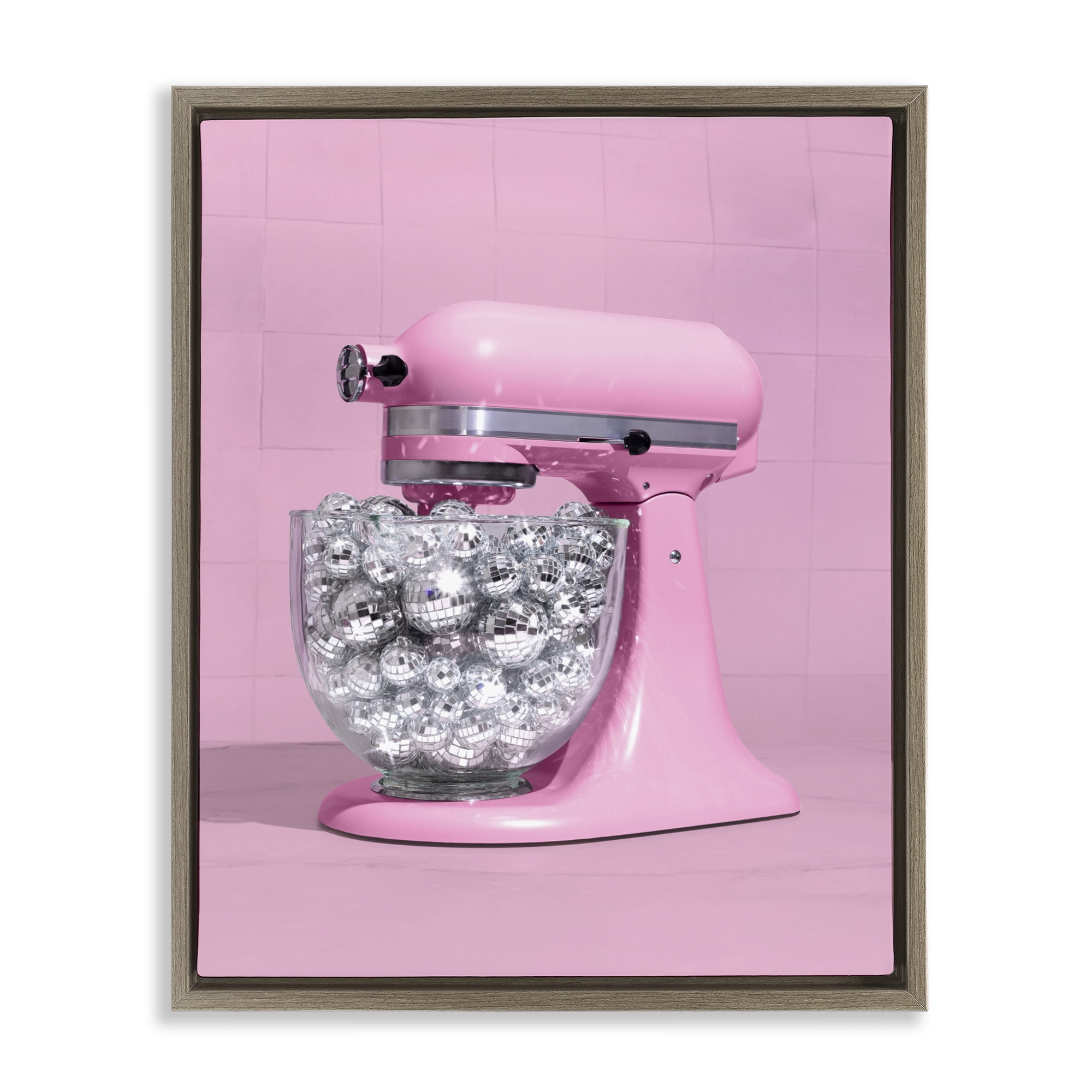 Stupell Industries Disco Kitchen Mixer over Pink Brown Framed Floater Canvas Wall Art, design by LISH Creative