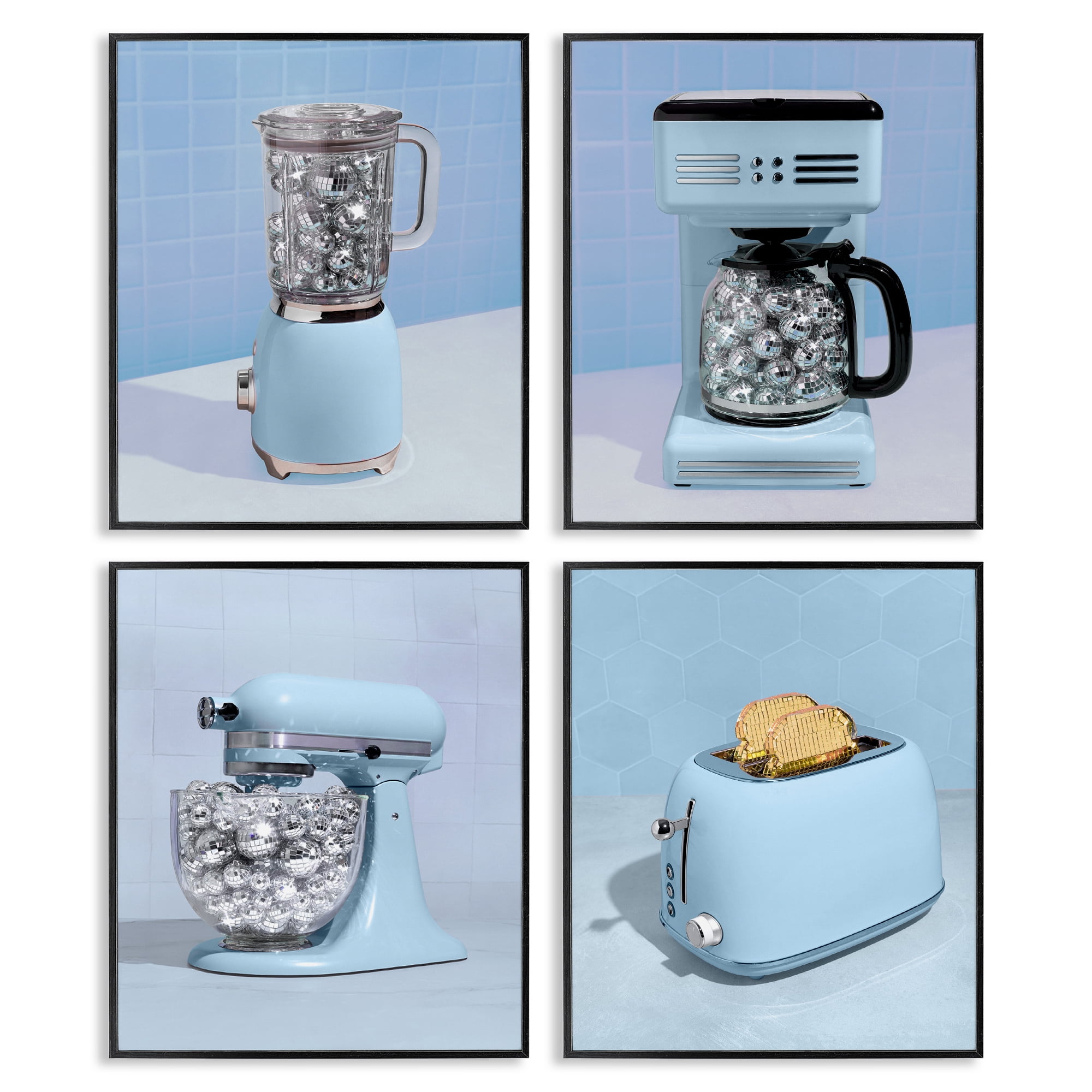 Stupell Industries Disco Kitchen Set over Blue 4 Piece Black Framed Giclee Art Set, design by LISH Creative