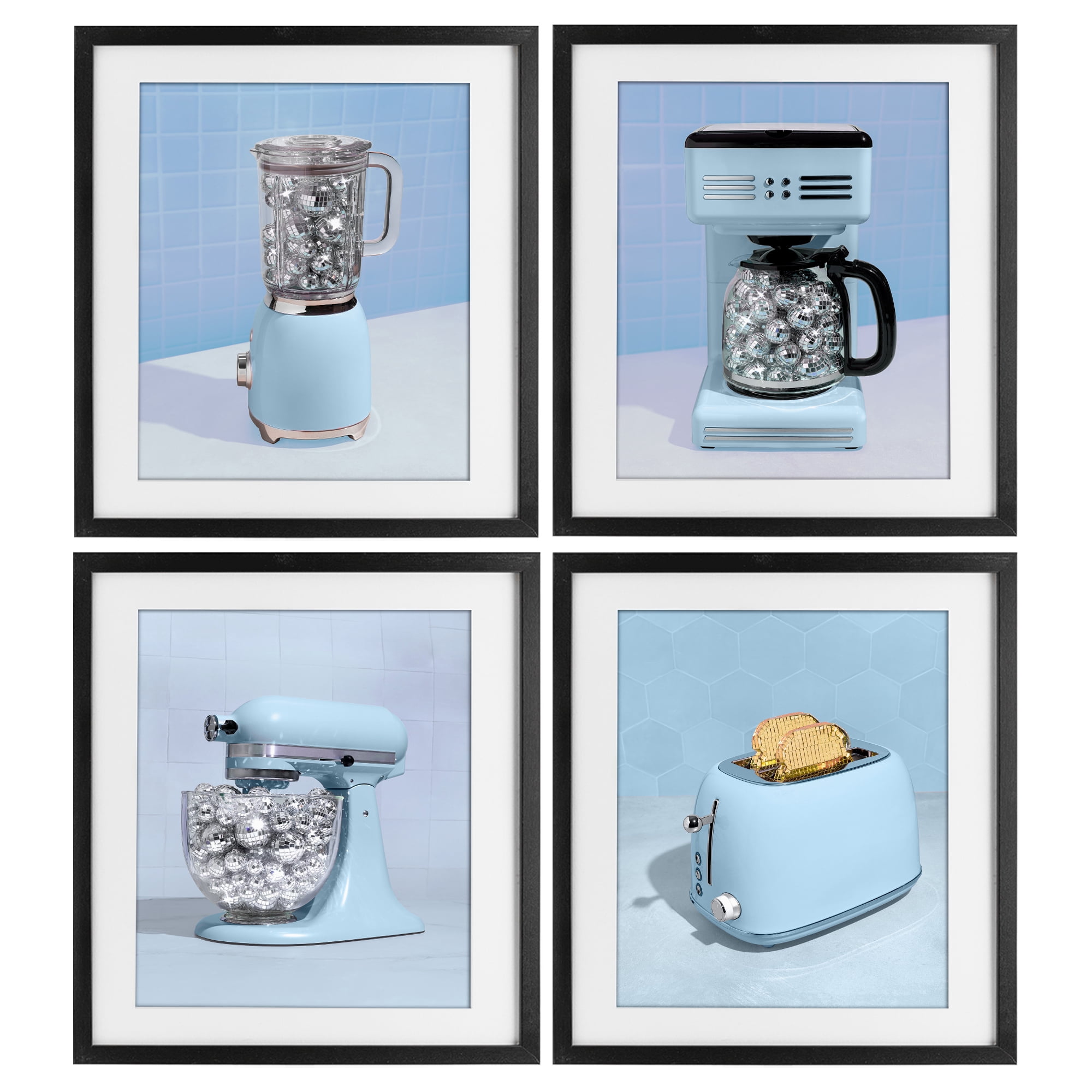 Stupell Industries Disco Kitchen Set over Blue 4 Piece Black Framed Print Under Glass Set, design by LISH Creative