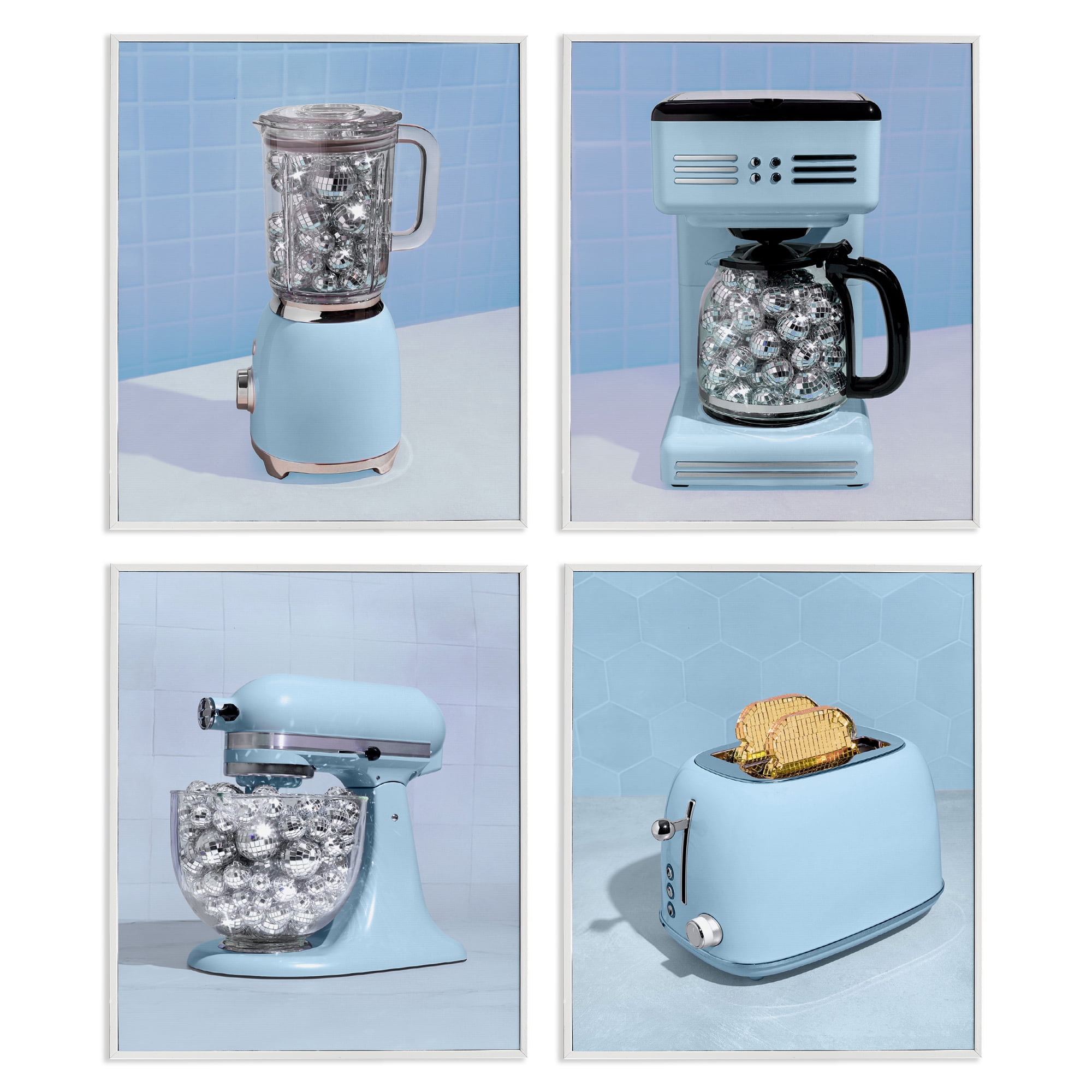 Stupell Industries Disco Kitchen Set over Blue 4 Piece White Framed Giclee Art Set, design by LISH Creative
