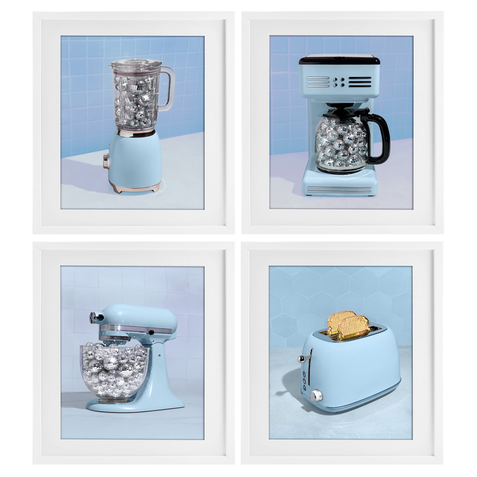 Stupell Industries Disco Kitchen Set over Blue 4 Piece White Framed Print Under Glass Set, design by LISH Creative