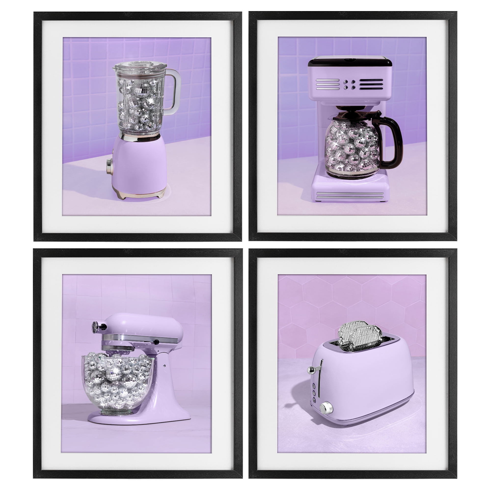 Stupell Industries Disco Kitchen Utensils in Purple 4 Piece Black Framed Print Under Glass Set, design by LISH Creative