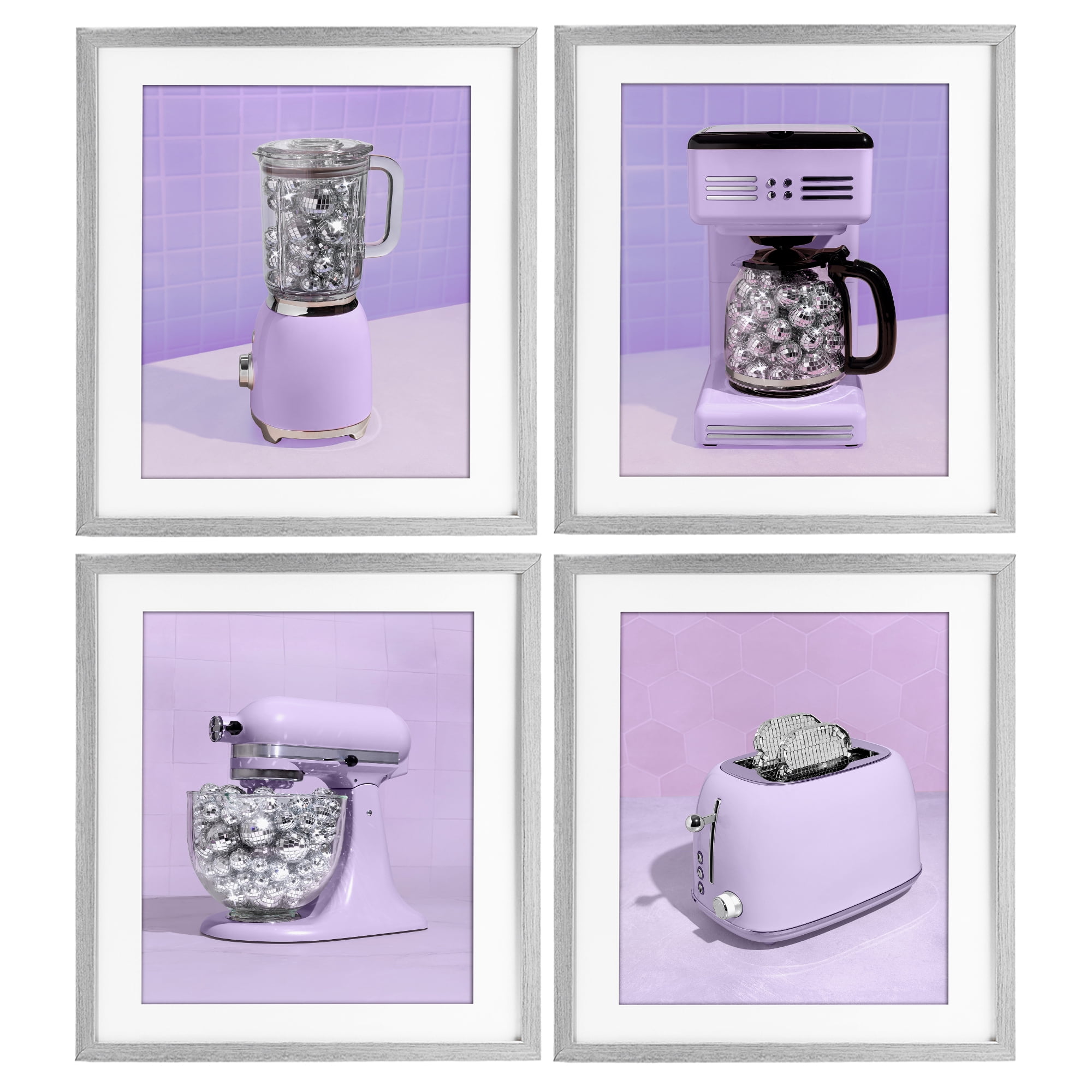 Stupell Industries Disco Kitchen Utensils in Purple 4 Piece Gray Framed Print Under Glass Set, design by LISH Creative