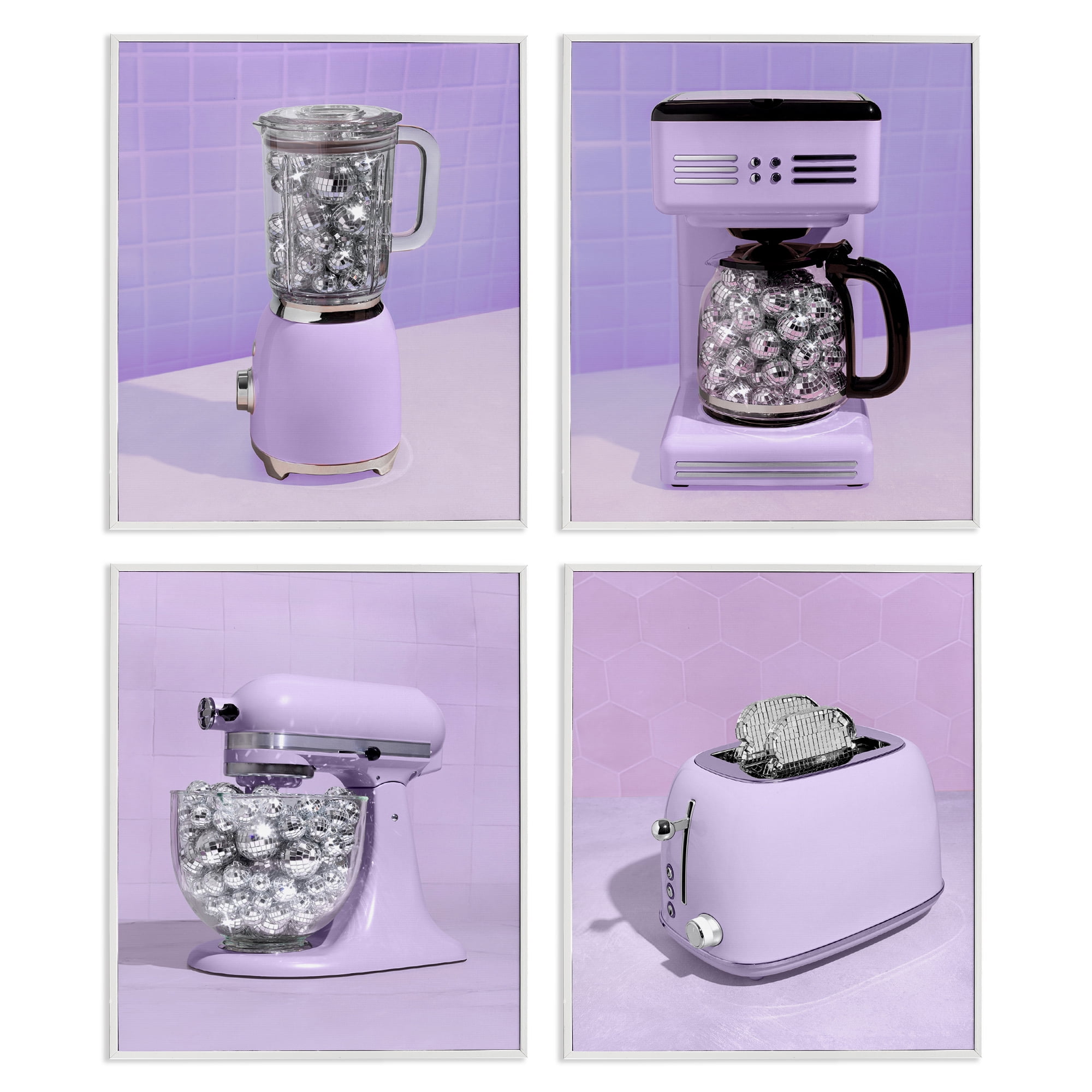 Stupell Industries Disco Kitchen Utensils in Purple 4 Piece White Framed Giclee Art Set, design by LISH Creative