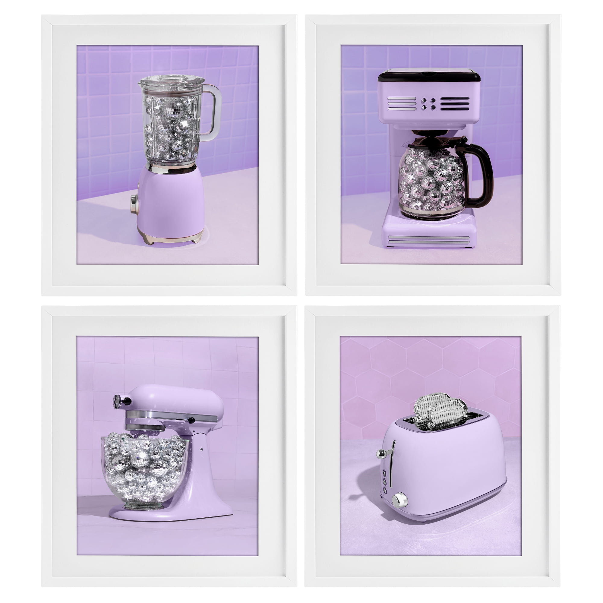 Stupell Industries Disco Kitchen Utensils in Purple 4 Piece White Framed Print Under Glass Set, design by LISH Creative