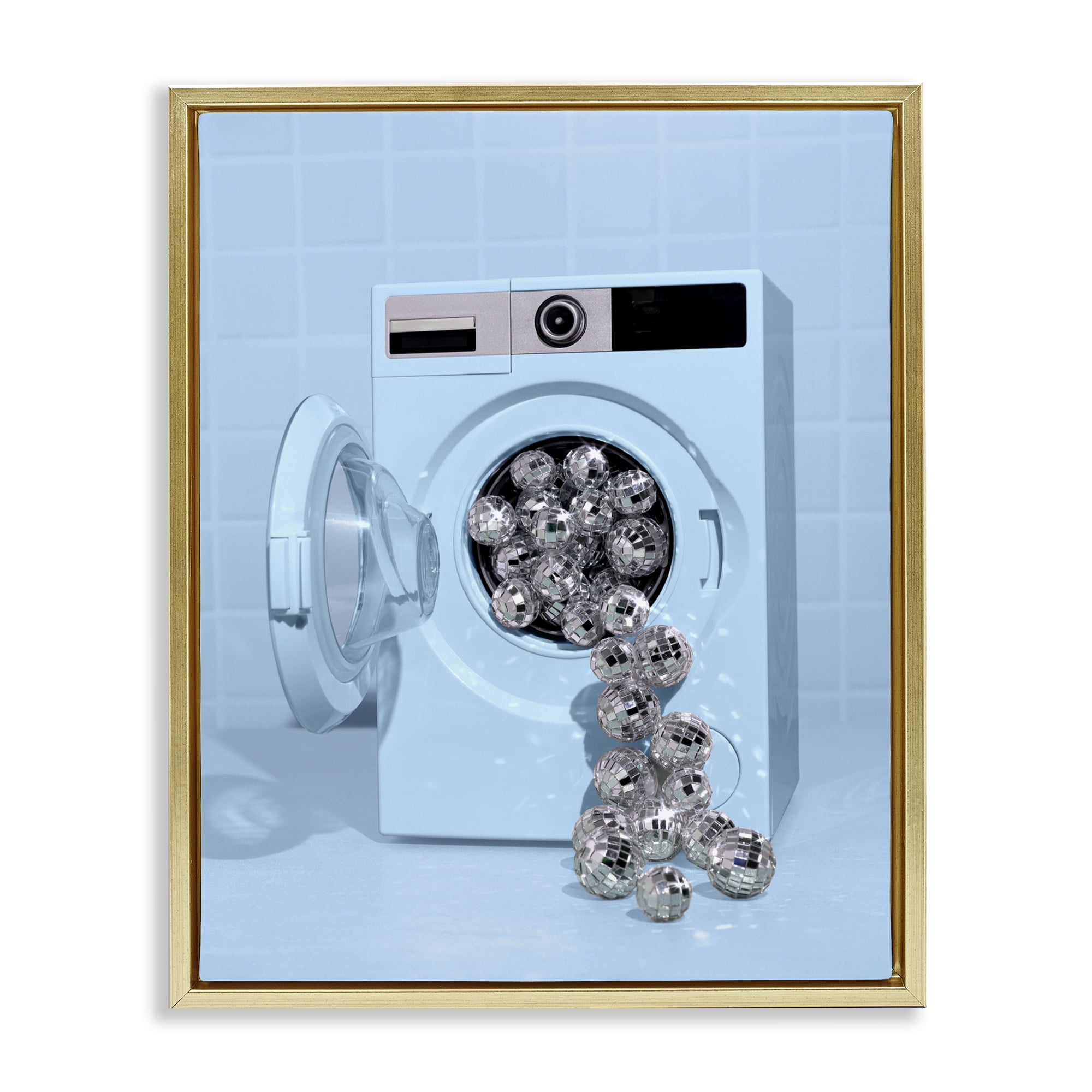 Stupell Industries Disco Laundry Machine over Blue Gold Framed Floater Canvas Wall Art, design by LISH Creative