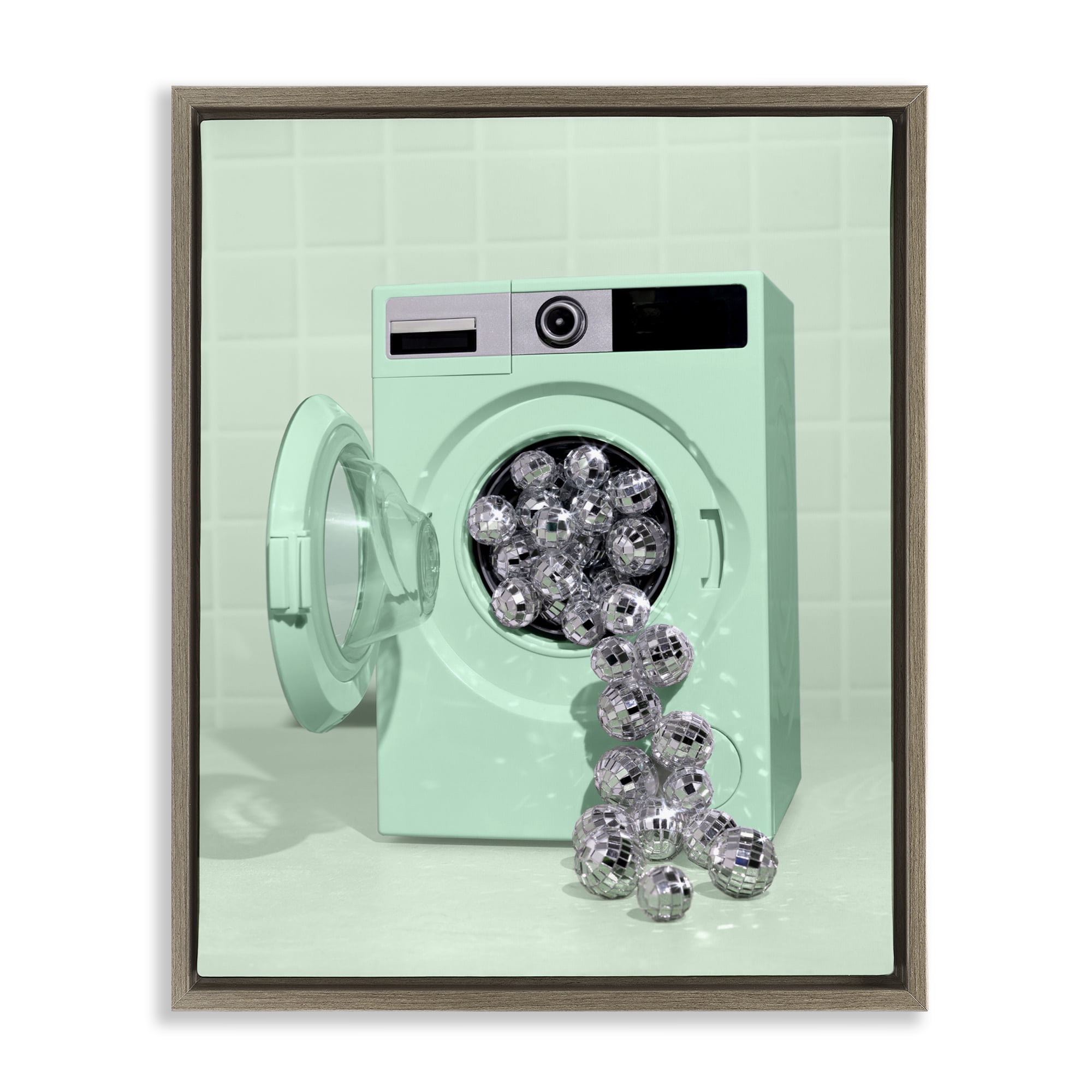 Stupell Industries Disco Laundry Machine over Green Brown Framed Floater Canvas Wall Art, design by LISH Creative