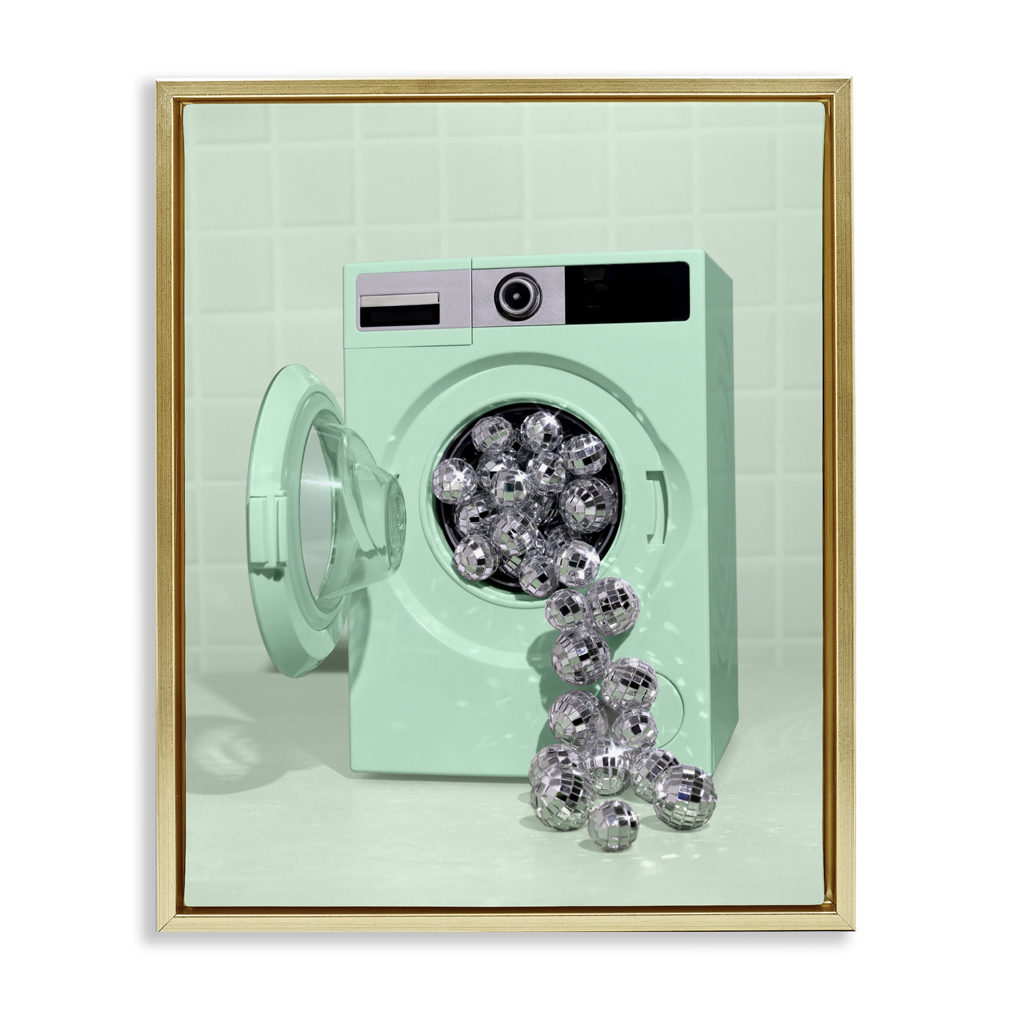 Stupell Industries Disco Laundry Machine over Green Gold Framed Floater Canvas Wall Art, design by LISH Creative