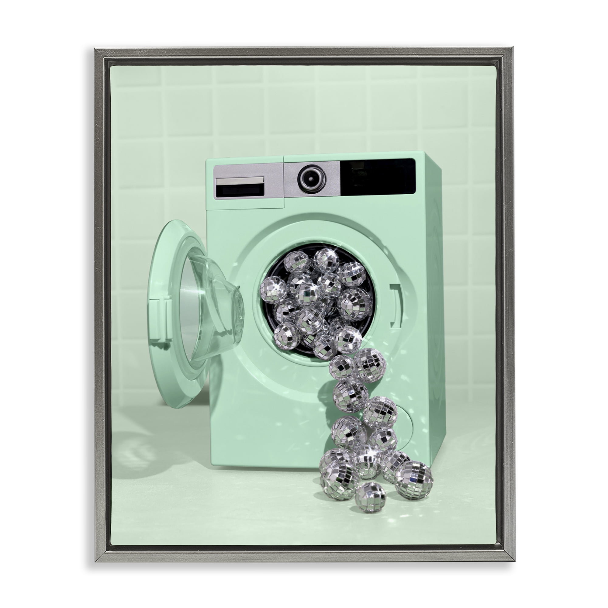 Stupell Industries Disco Laundry Machine over Green Gray Framed Floater Canvas Wall Art, design by LISH Creative