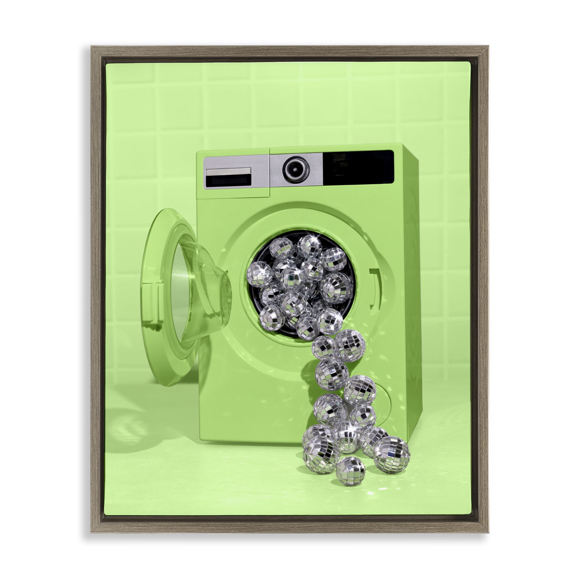 Stupell Industries Disco Laundry Machine over Lime Brown Framed Floater Canvas Wall Art, design by LISH Creative