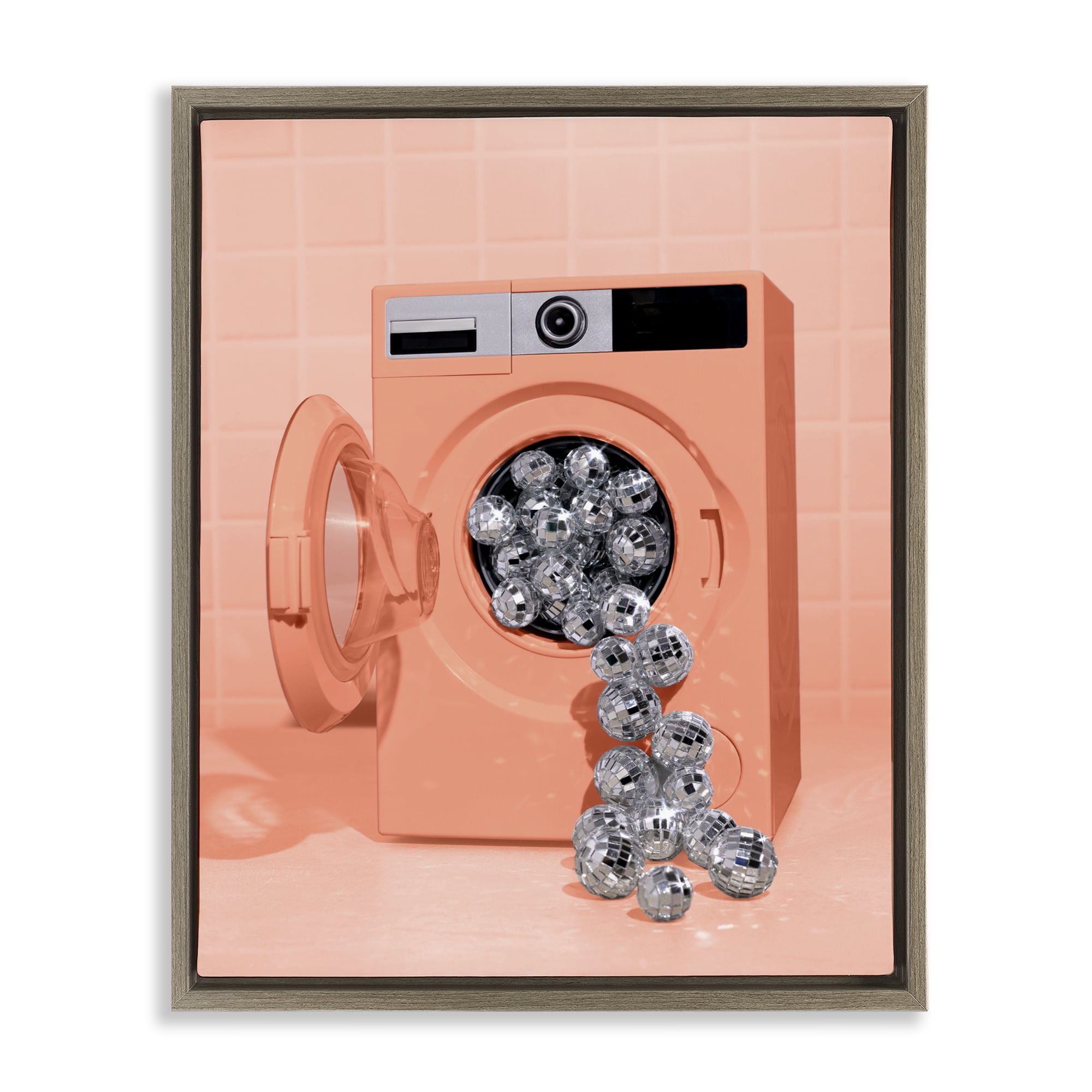 Stupell Industries Disco Laundry Machine over Orange Brown Framed Floater Canvas Wall Art, design by LISH Creative