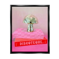 Stupell Industries Disco Mushroom on Books Literature & Flim Painting Black Floater Framed Canvas Art Print Wall Art, 17 x 21
